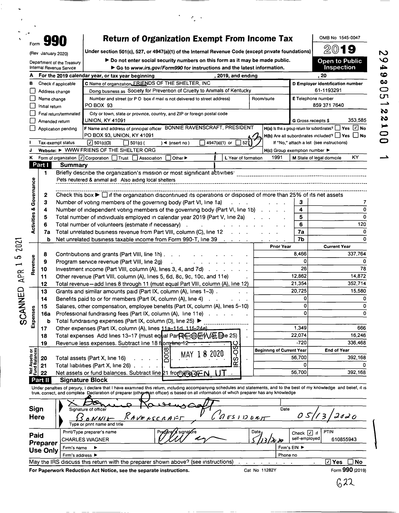 Image of first page of 2019 Form 990 for Friends of the Shelter