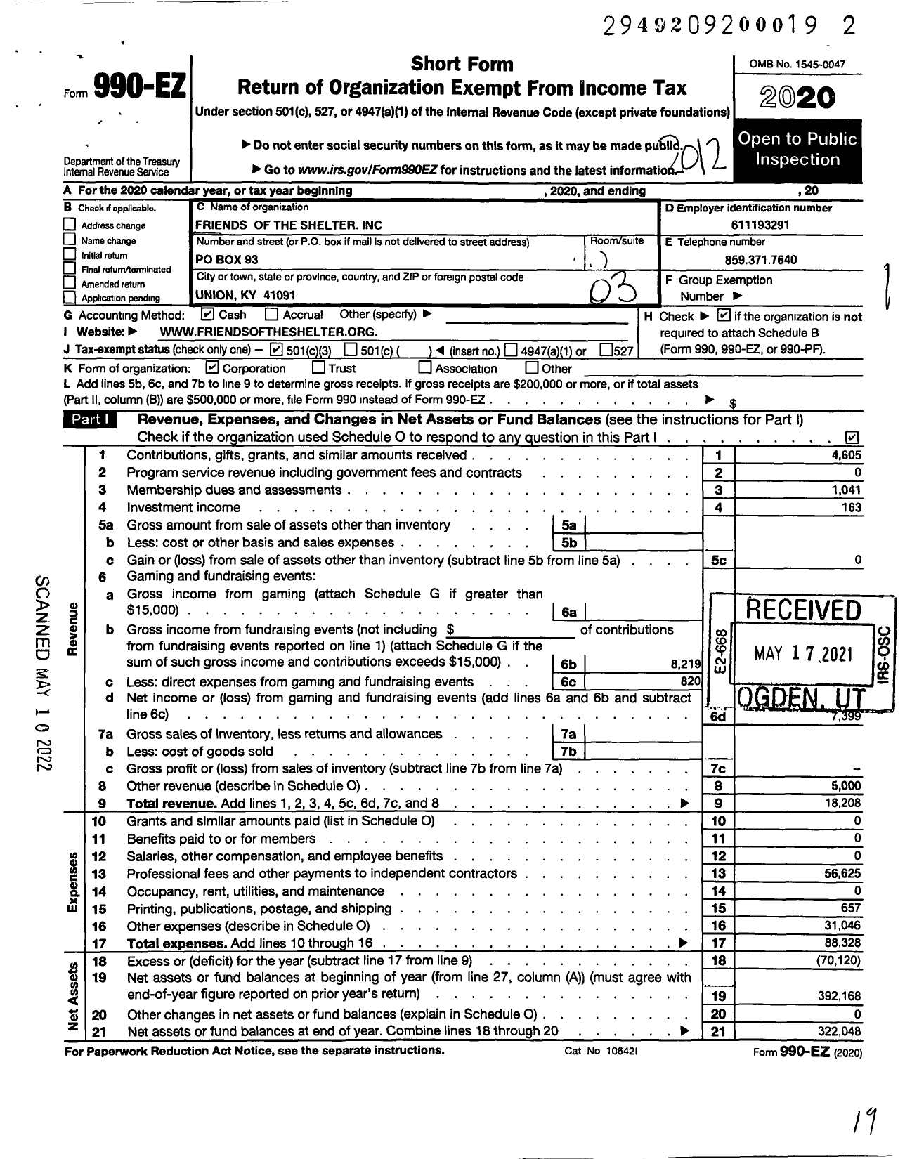 Image of first page of 2020 Form 990EZ for Friends of the Shelter