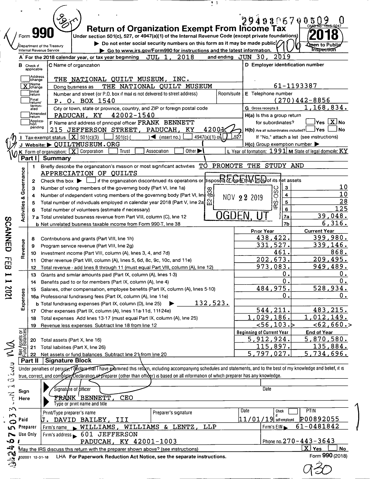 Image of first page of 2018 Form 990 for the National Quilt Museum