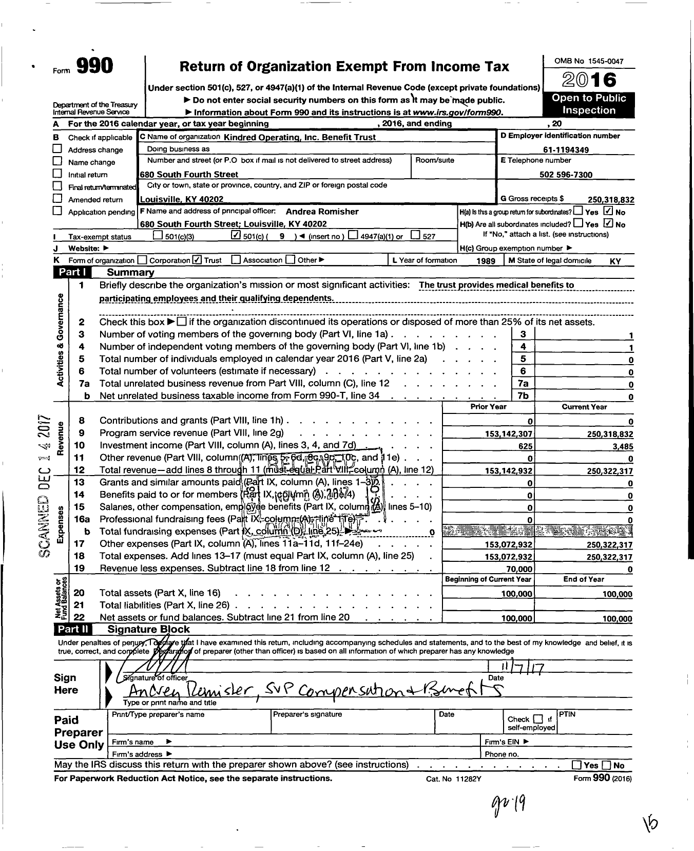 Image of first page of 2016 Form 990O for Kindred Operating Benefit Trust