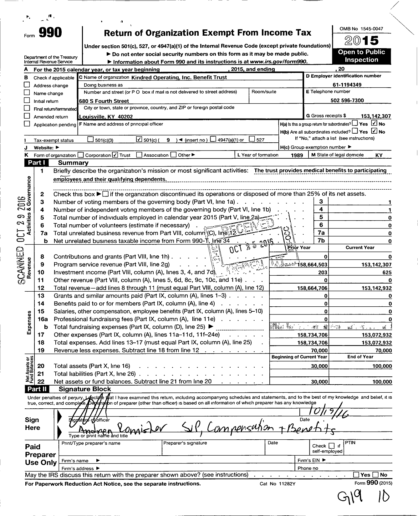 Image of first page of 2015 Form 990O for Kindred Operating Benefit Trust