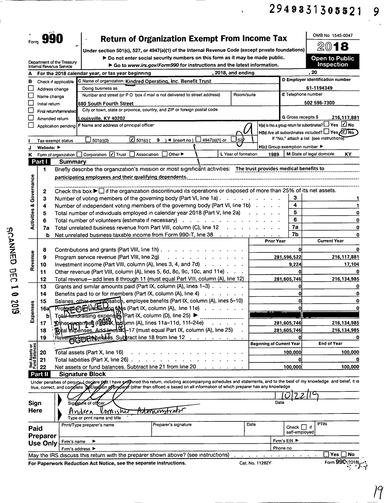 Image of first page of 2018 Form 990O for Kindred Operating Benefit Trust