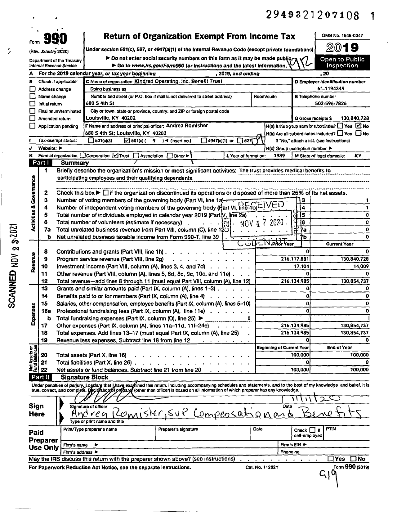 Image of first page of 2019 Form 990O for Kindred Operating Benefit Trust