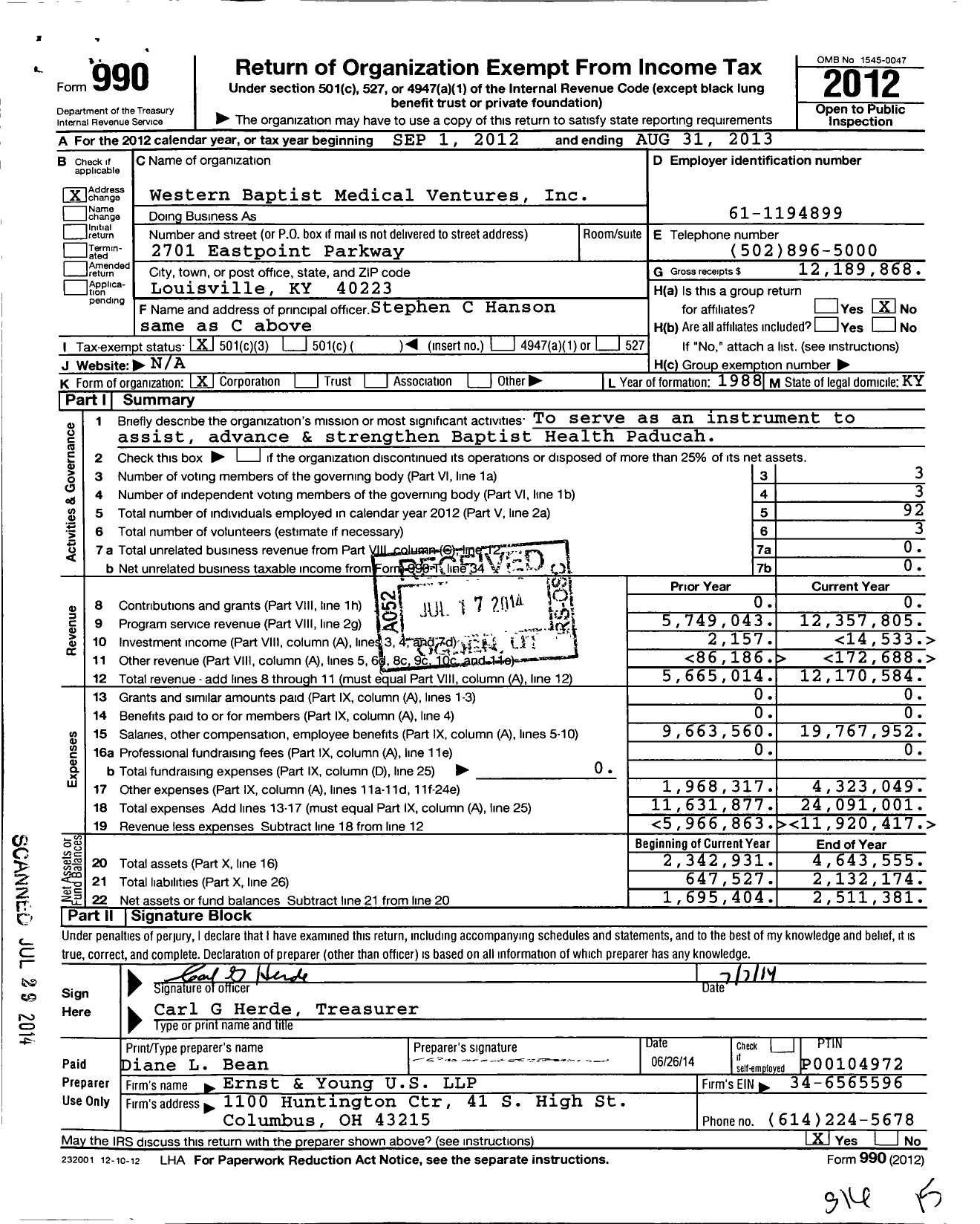 Image of first page of 2012 Form 990 for Western Baptist Medical Ventures