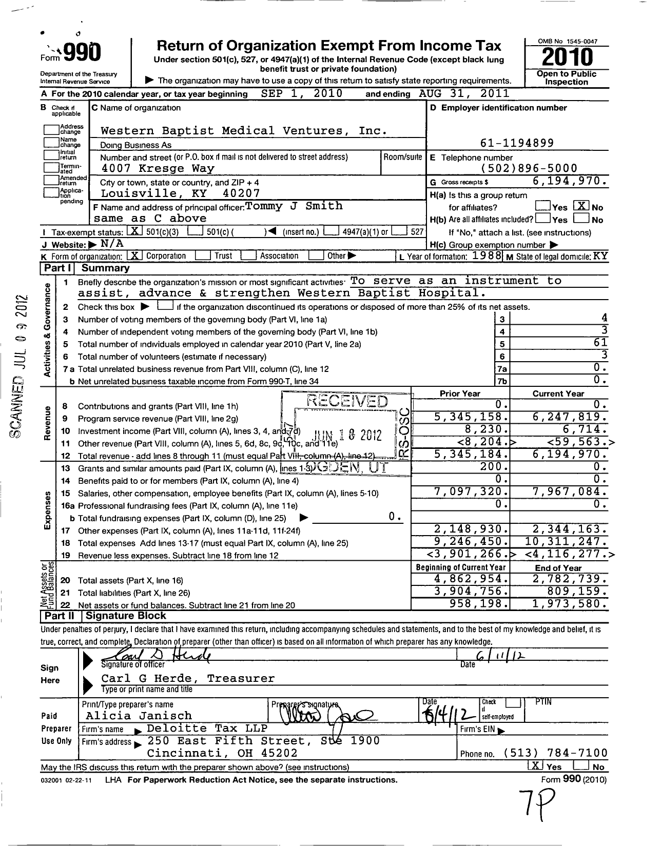 Image of first page of 2010 Form 990 for Western Baptist Medical Ventures