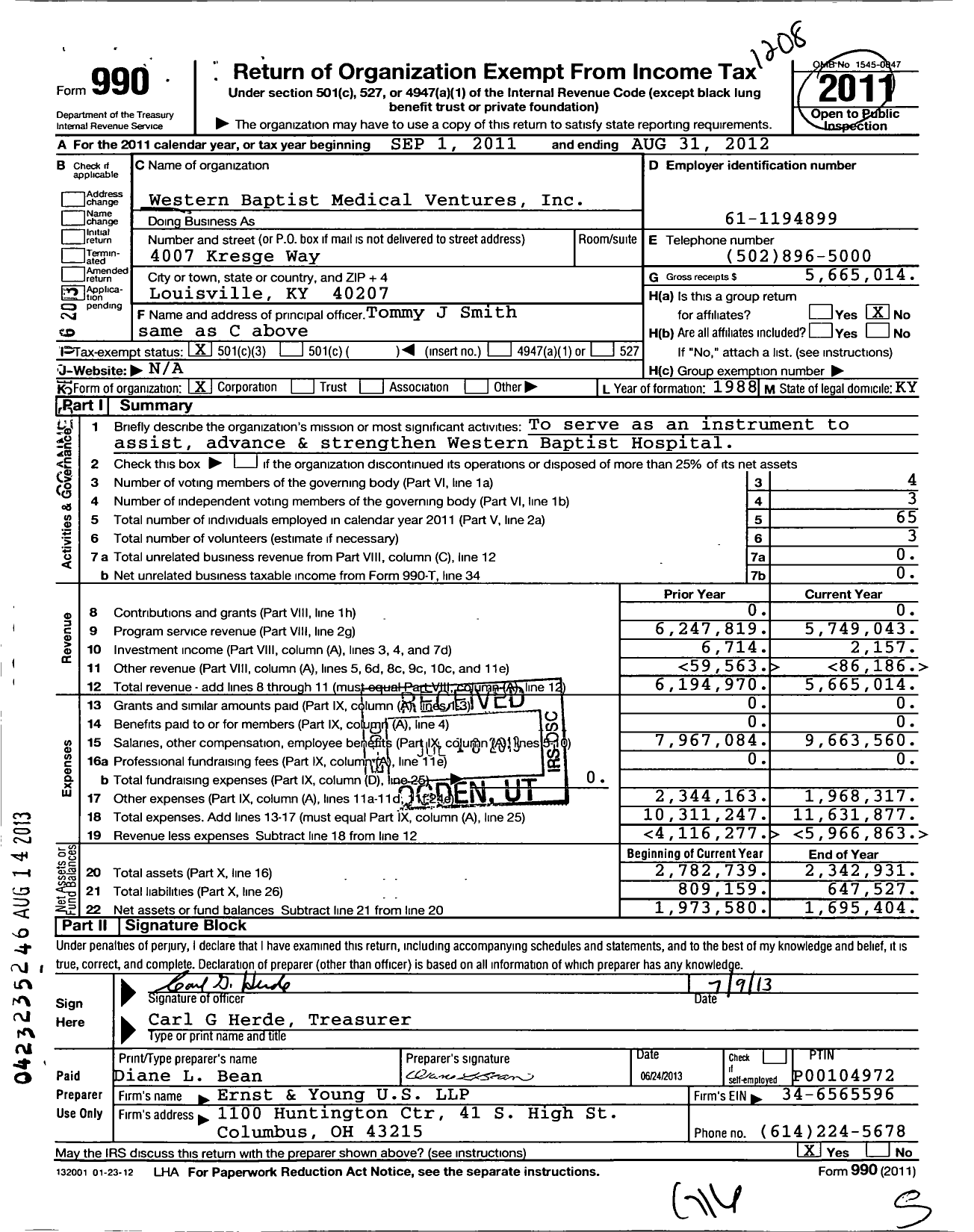 Image of first page of 2011 Form 990 for Western Baptist Medical Ventures