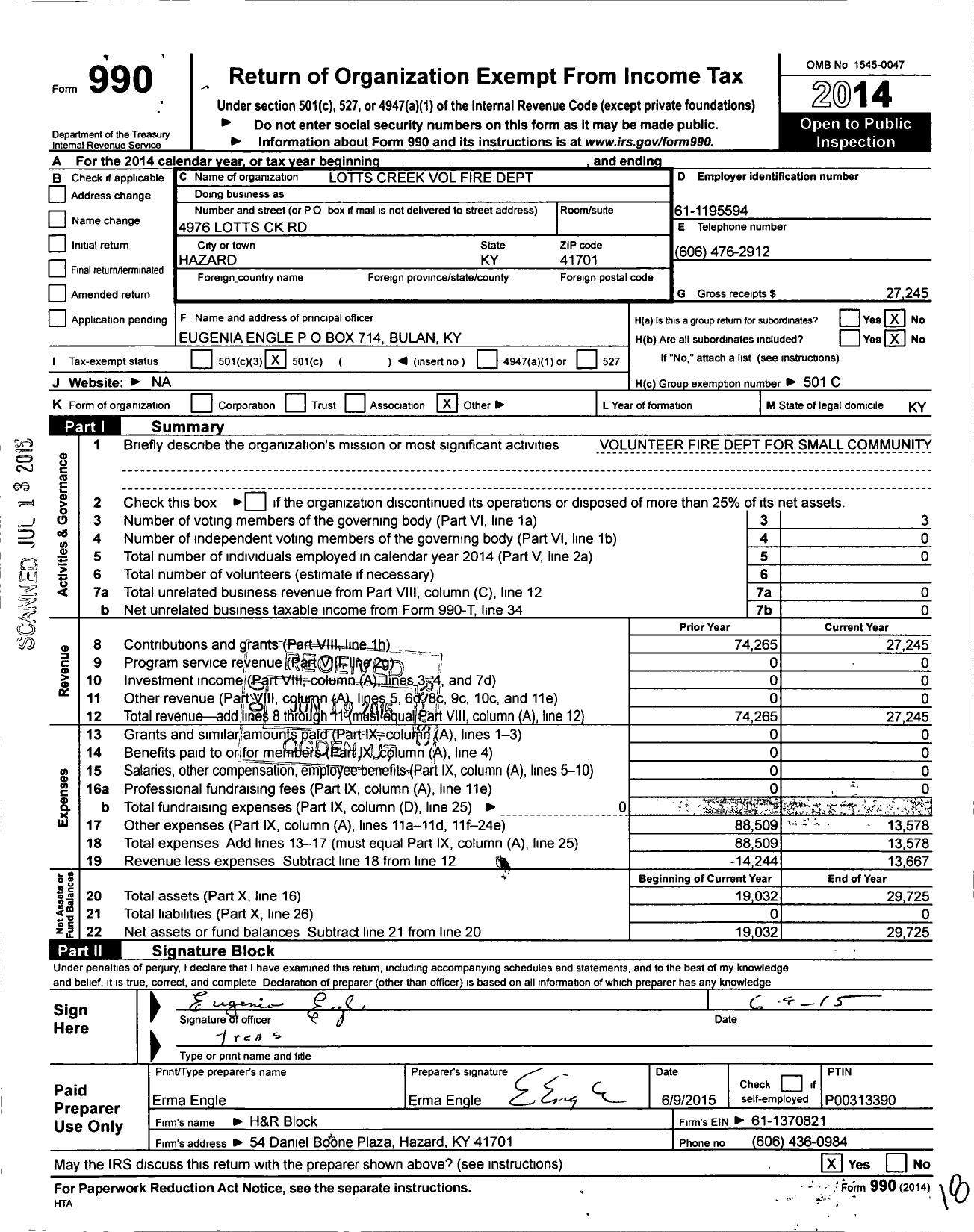 Image of first page of 2014 Form 990O for Lotts Creek Volunteer Fire Department