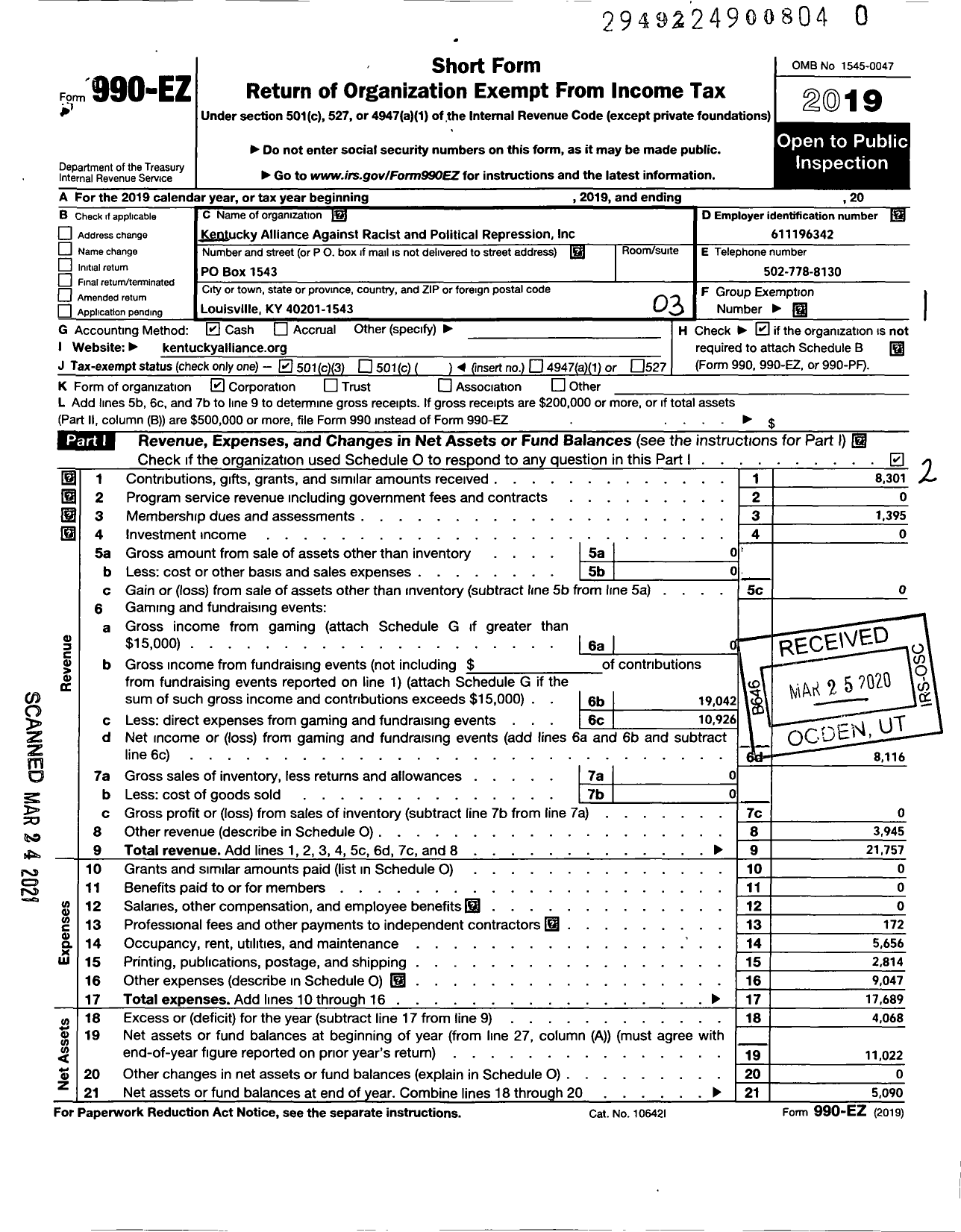 Image of first page of 2019 Form 990EZ for Kentucky Alliance Against Racist and Political Repression