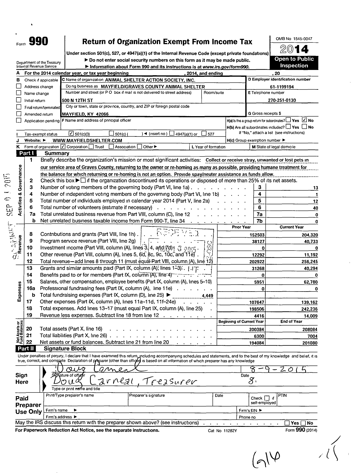 Image of first page of 2014 Form 990 for Animal Shelter Action Society