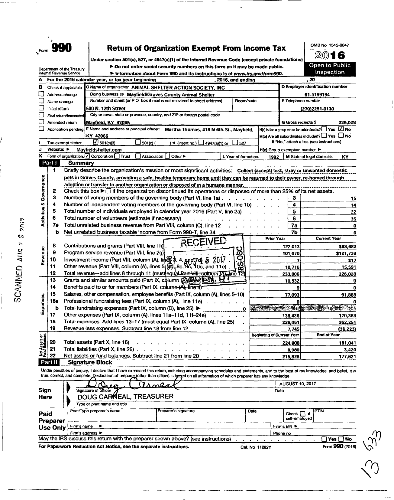 Image of first page of 2016 Form 990 for Animal Shelter Action Society