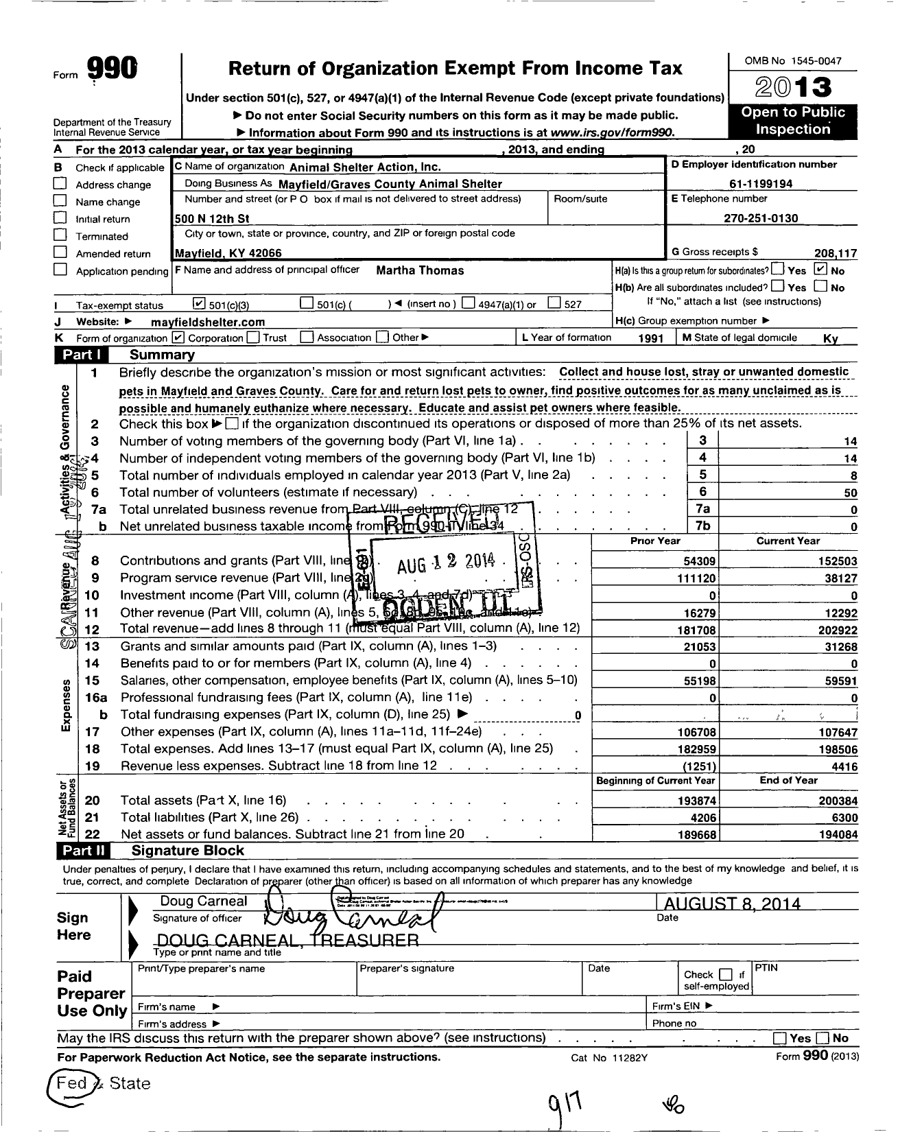 Image of first page of 2013 Form 990 for Animal Shelter Action Society