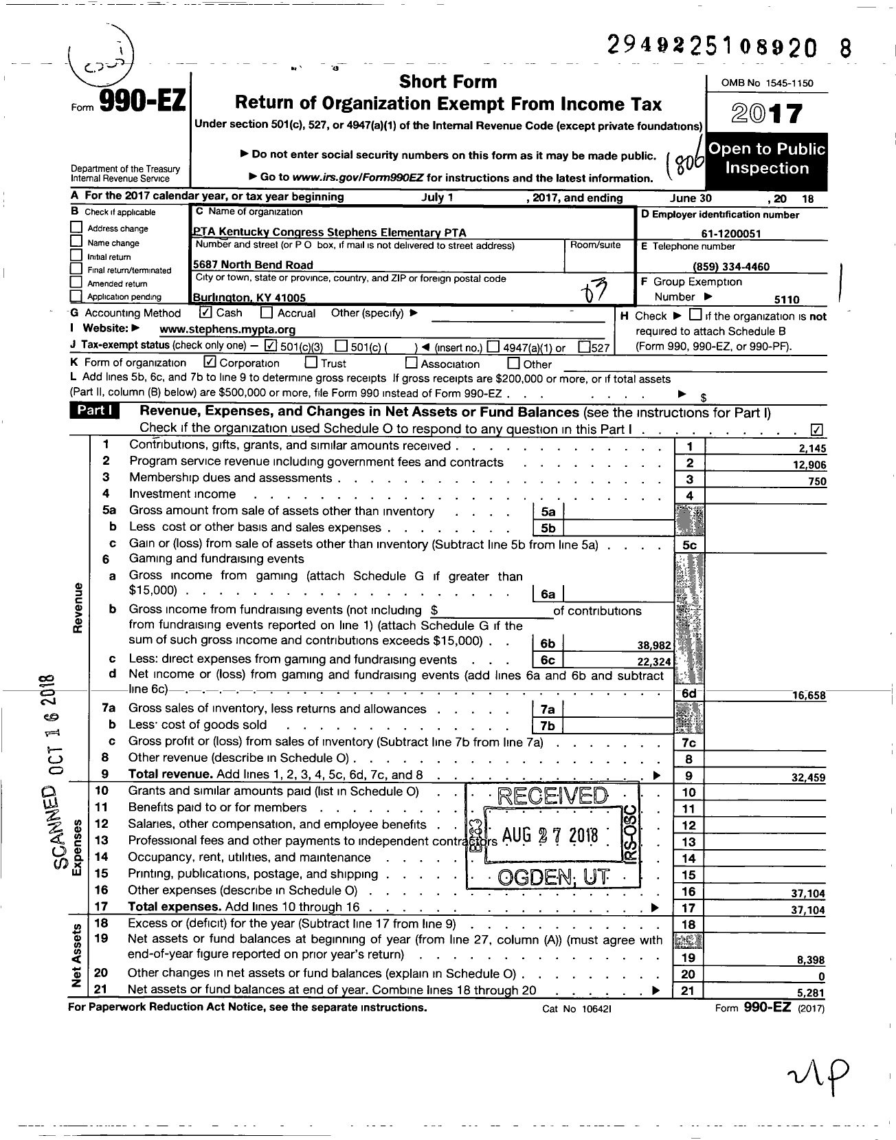 Image of first page of 2017 Form 990EZ for PTA Kentucky Congress / Stephens Elem PTA