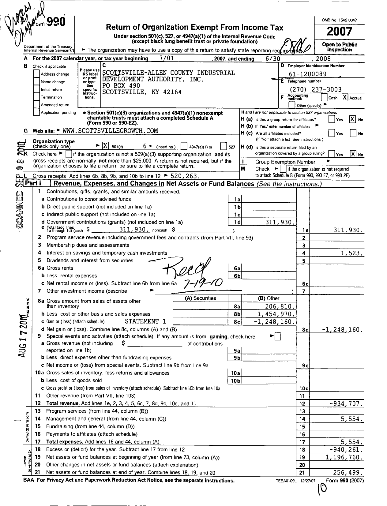 Image of first page of 2007 Form 990O for Scottsville-Allen County Industrial Development Authority