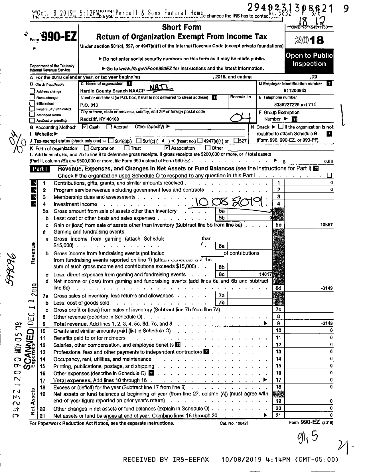 Image of first page of 2018 Form 990EO for National Association for the Advancement of Colored People - 3087 Hardin County Branch