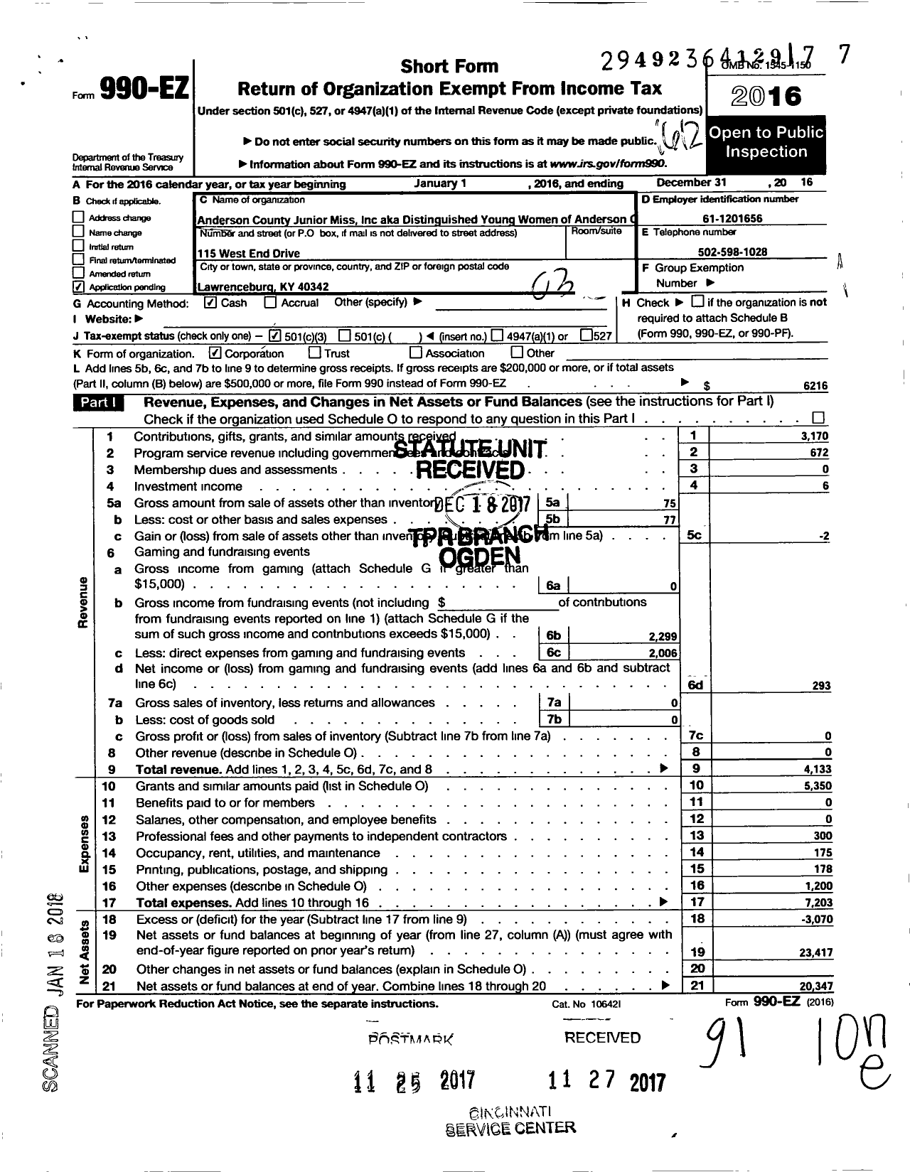 Image of first page of 2016 Form 990EZ for Anderson County Junior Miss