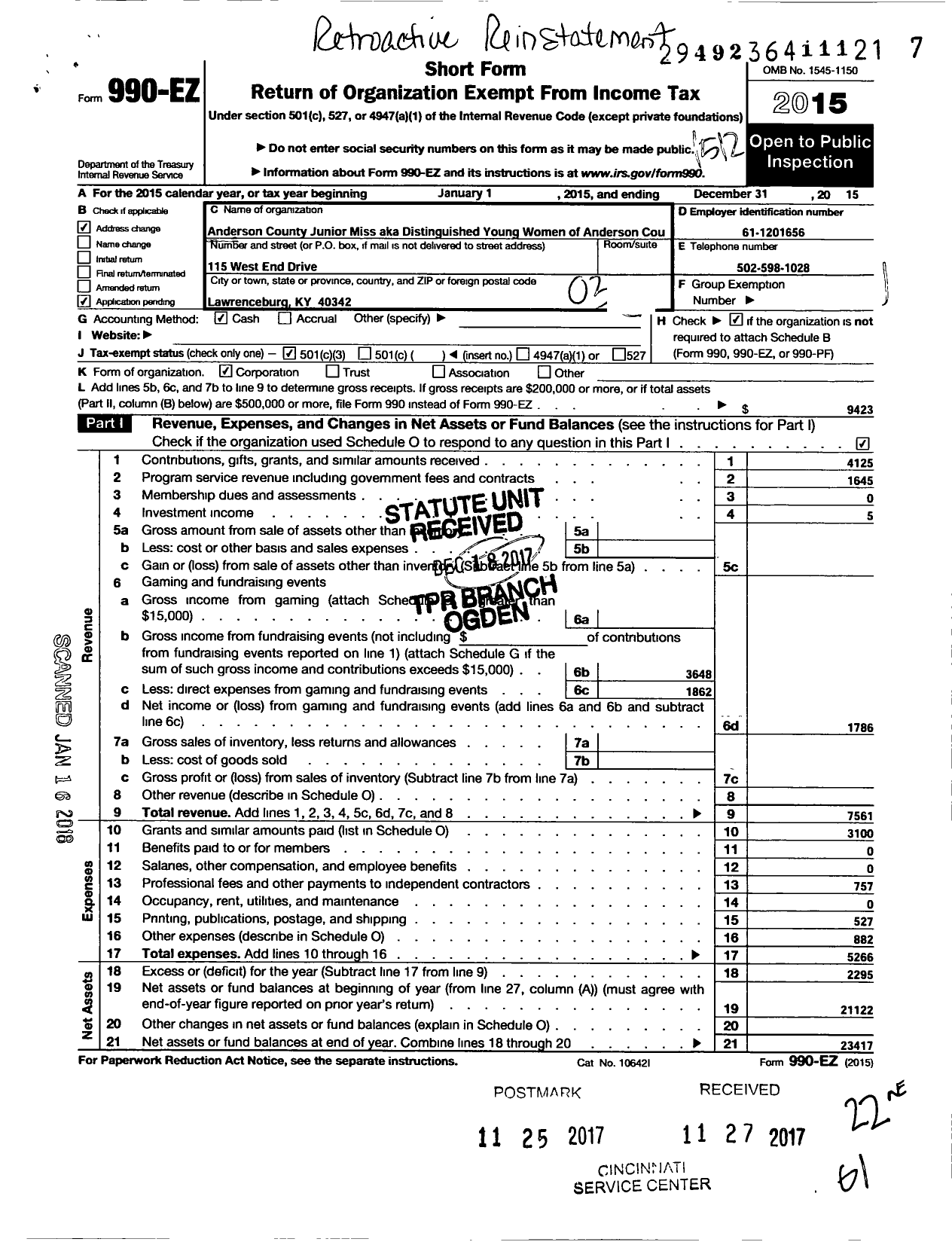 Image of first page of 2015 Form 990EZ for Anderson County Junior Miss