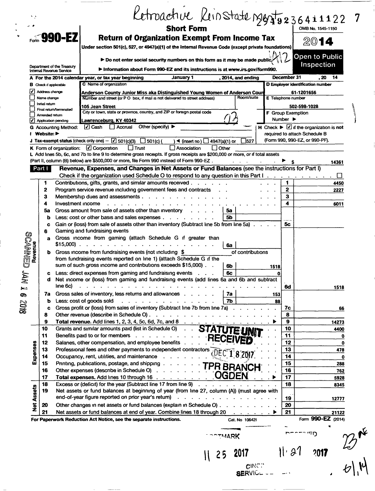 Image of first page of 2014 Form 990EZ for Anderson County Junior Miss