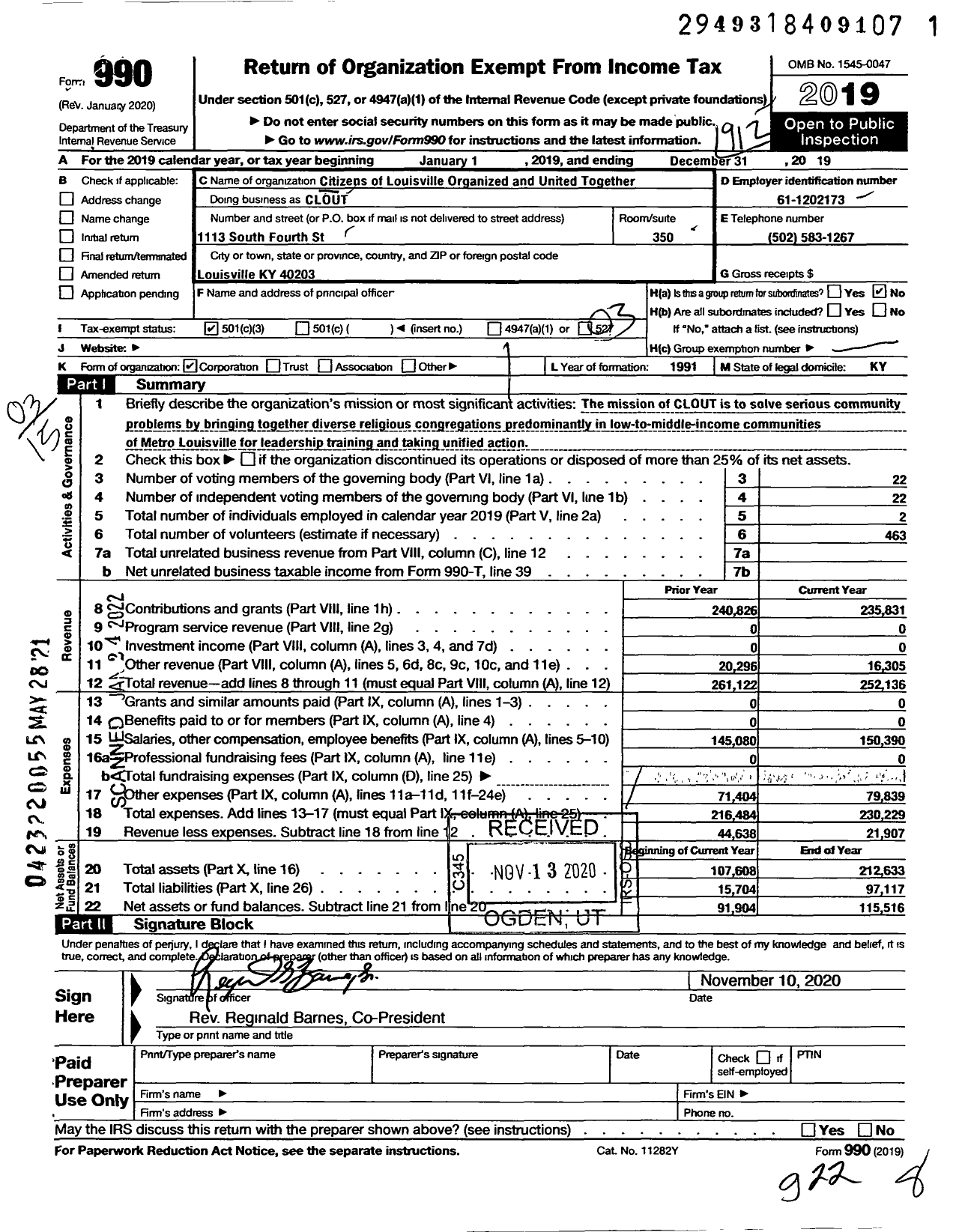 Image of first page of 2019 Form 990 for Citizens of Louisville Organized and United Together (CLOUT)