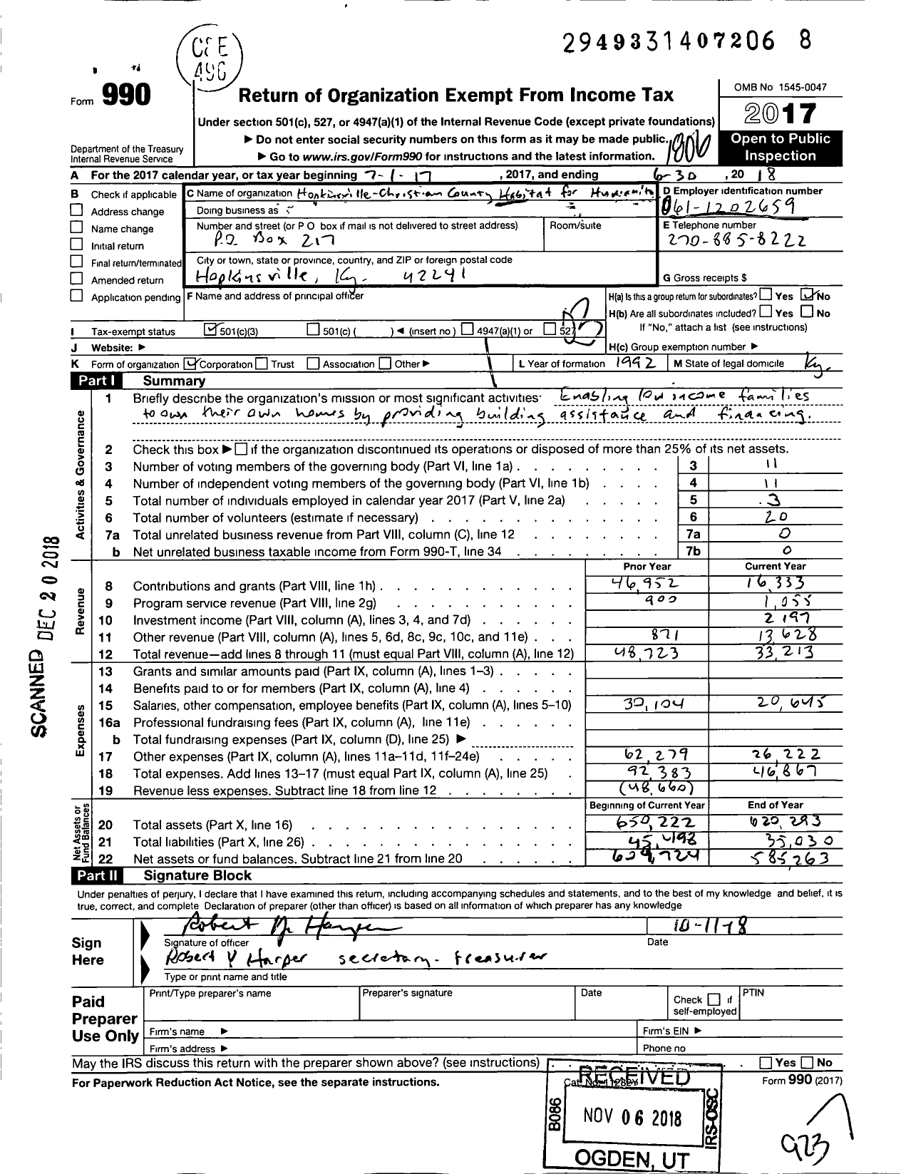 Image of first page of 2017 Form 990 for Hopkinsville-Christian County Habitat for Humanity