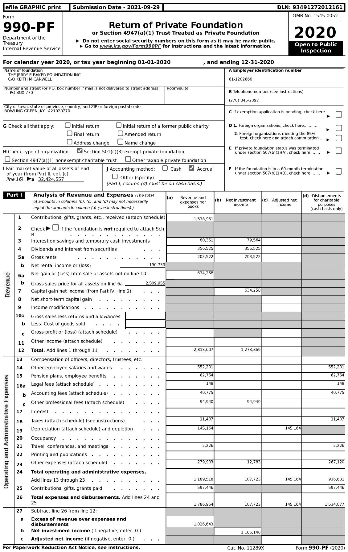 Image of first page of 2020 Form 990PF for The Jerry E Baker Foundation