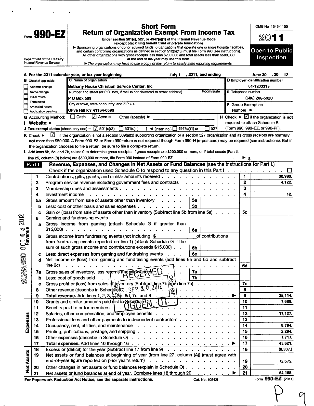 Image of first page of 2011 Form 990EZ for Bethany House Christian Service Center