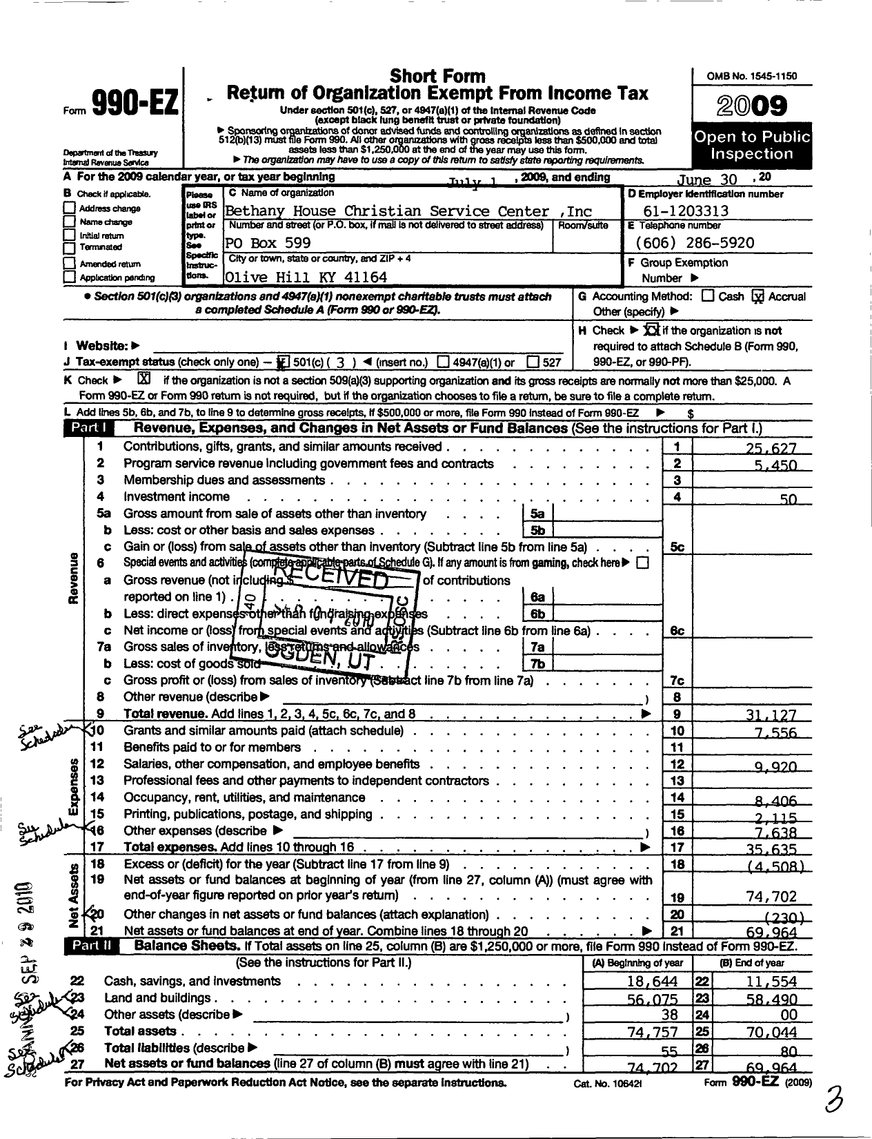 Image of first page of 2008 Form 990EZ for Bethany House Christian Service Center