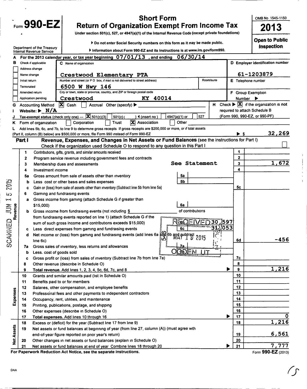 Image of first page of 2013 Form 990EZ for Crestwood Elementary PTA