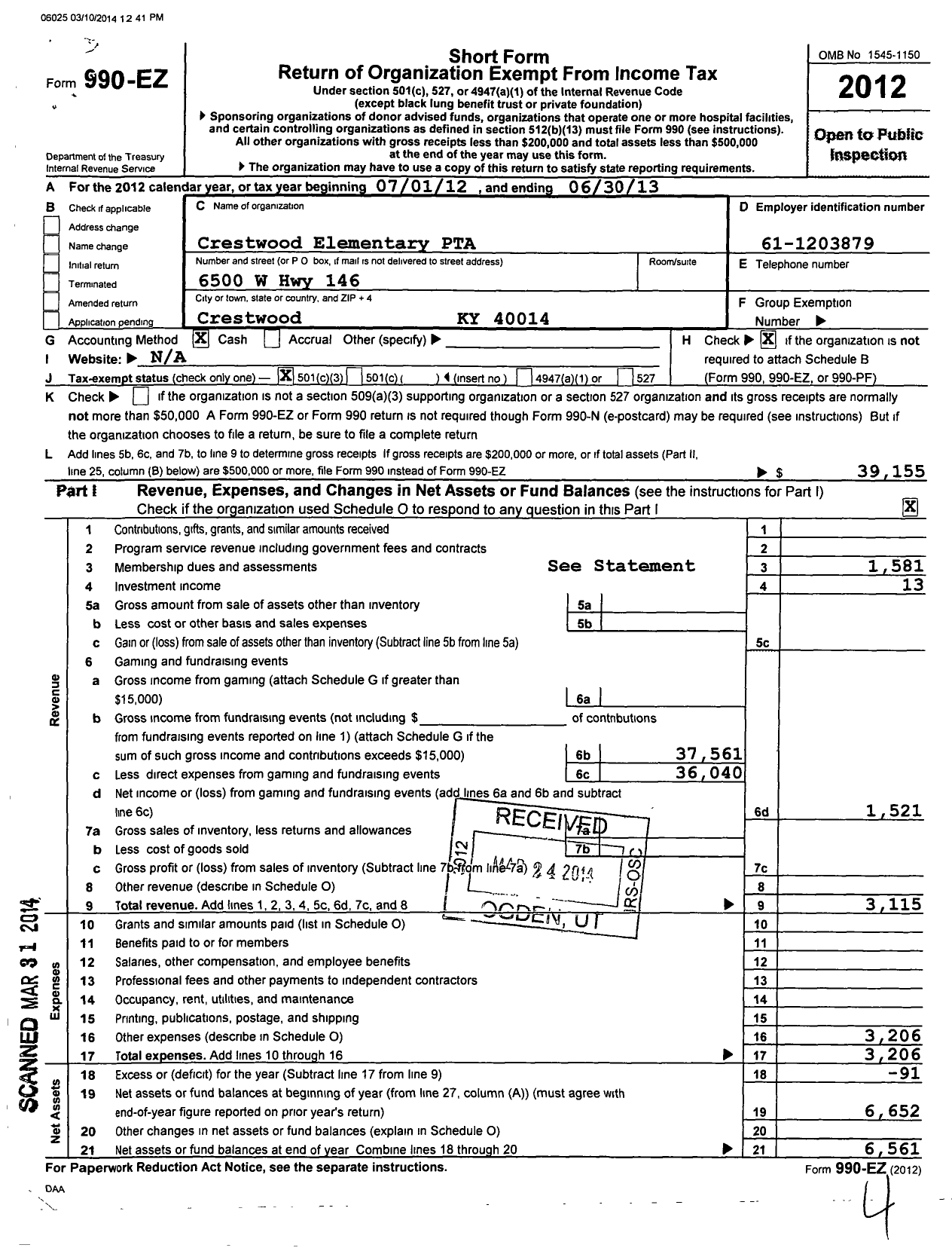 Image of first page of 2012 Form 990EZ for Crestwood Elementary PTA