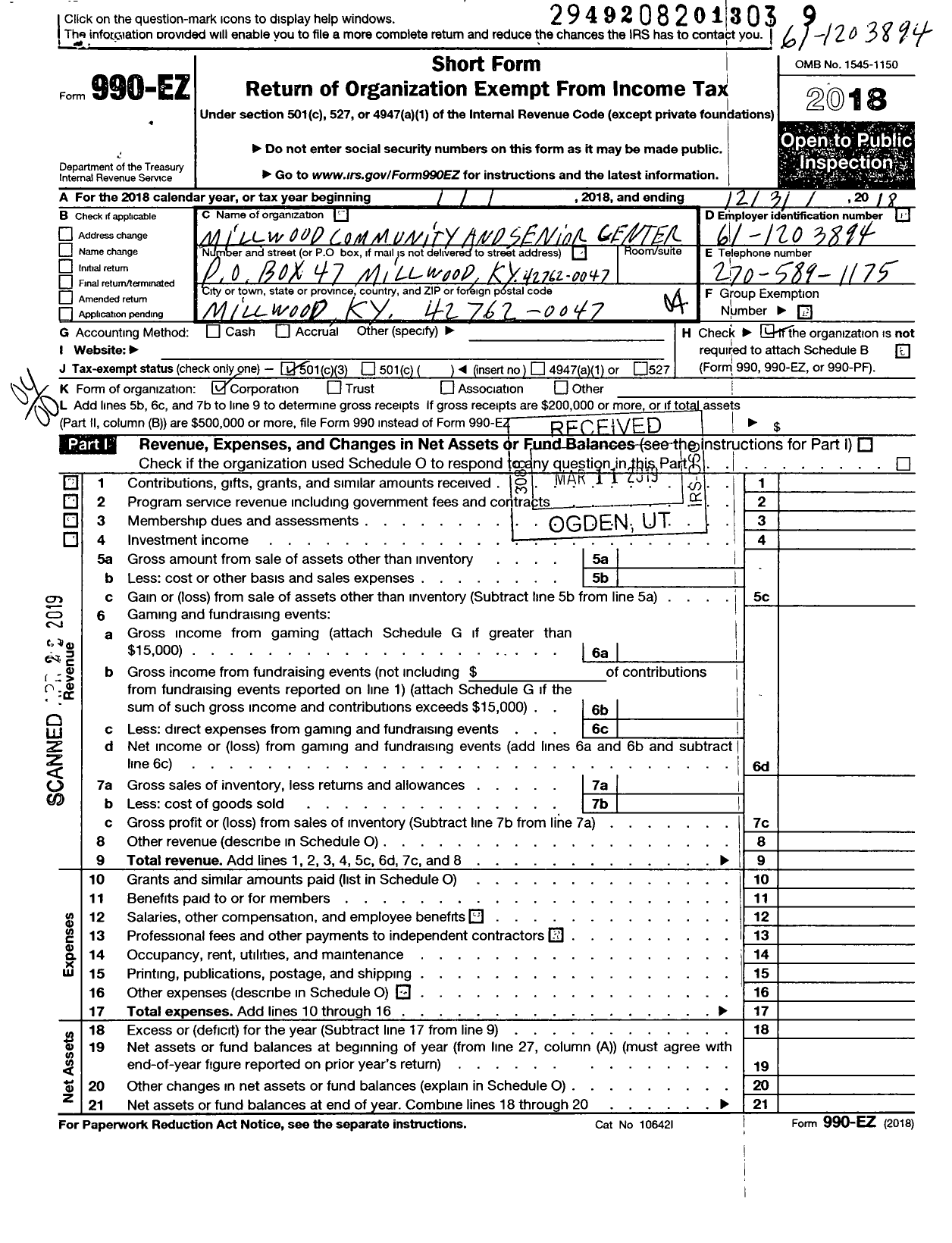 Image of first page of 2018 Form 990EO for Millwood Community and Senior Citizens Center