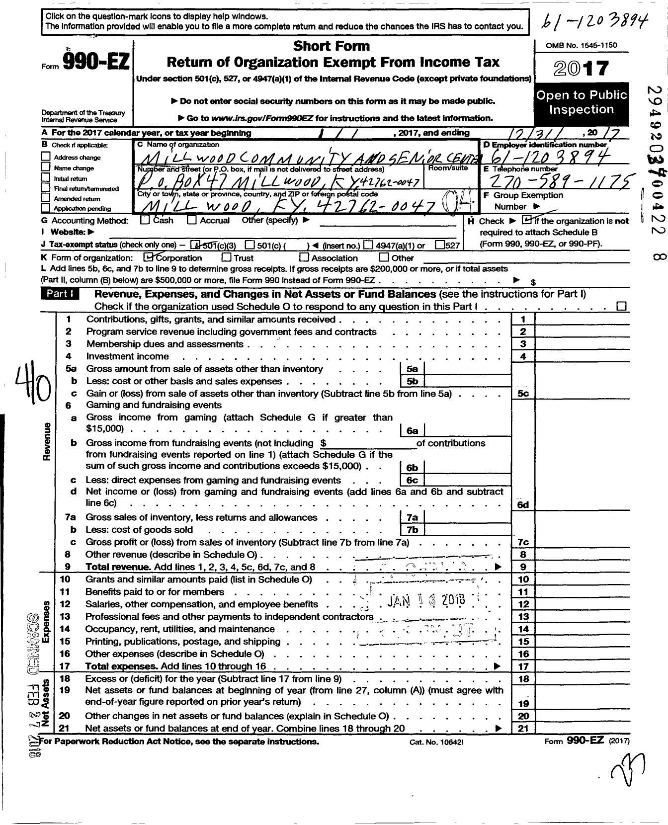 Image of first page of 2017 Form 990EO for Millwood Community and Senior Citizens Center