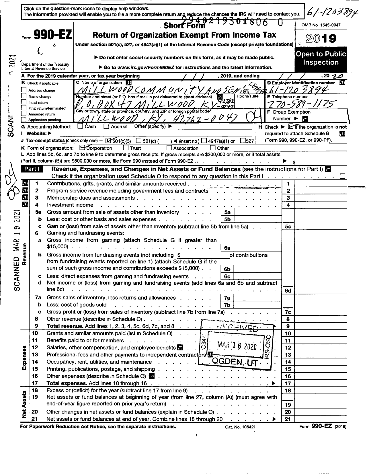 Image of first page of 2020 Form 990EO for Millwood Community and Senior Citizens Center