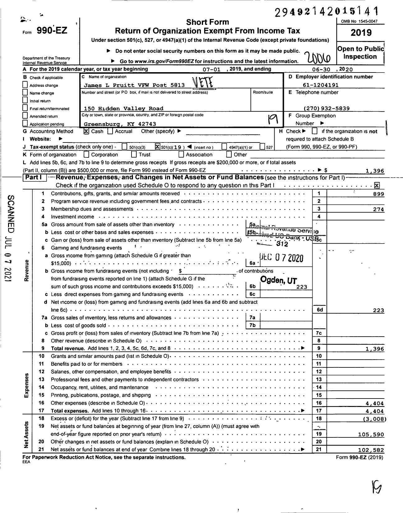 Image of first page of 2019 Form 990EO for Veterans of Foreign Wars Dept of Kentucky - 5813 James L Pruitt Post