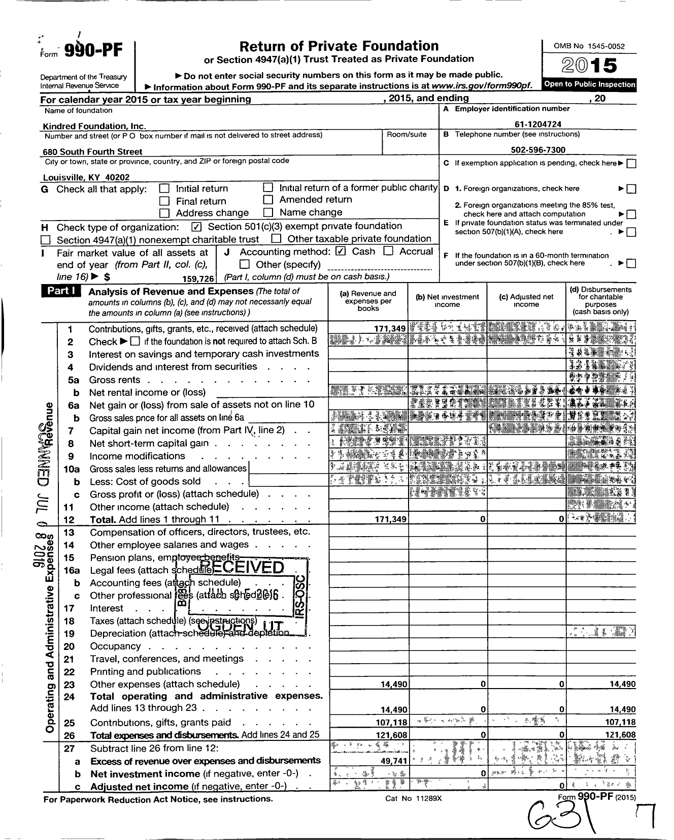 Image of first page of 2015 Form 990PF for Kindred Foundation