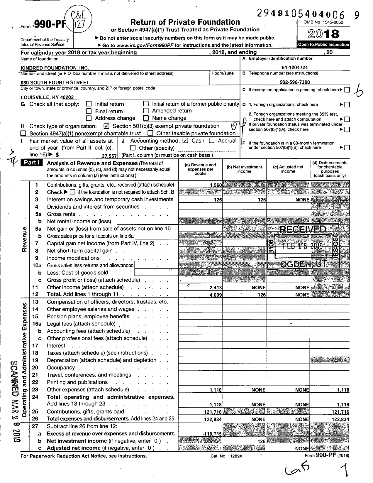 Image of first page of 2018 Form 990PF for Kindred Foundation