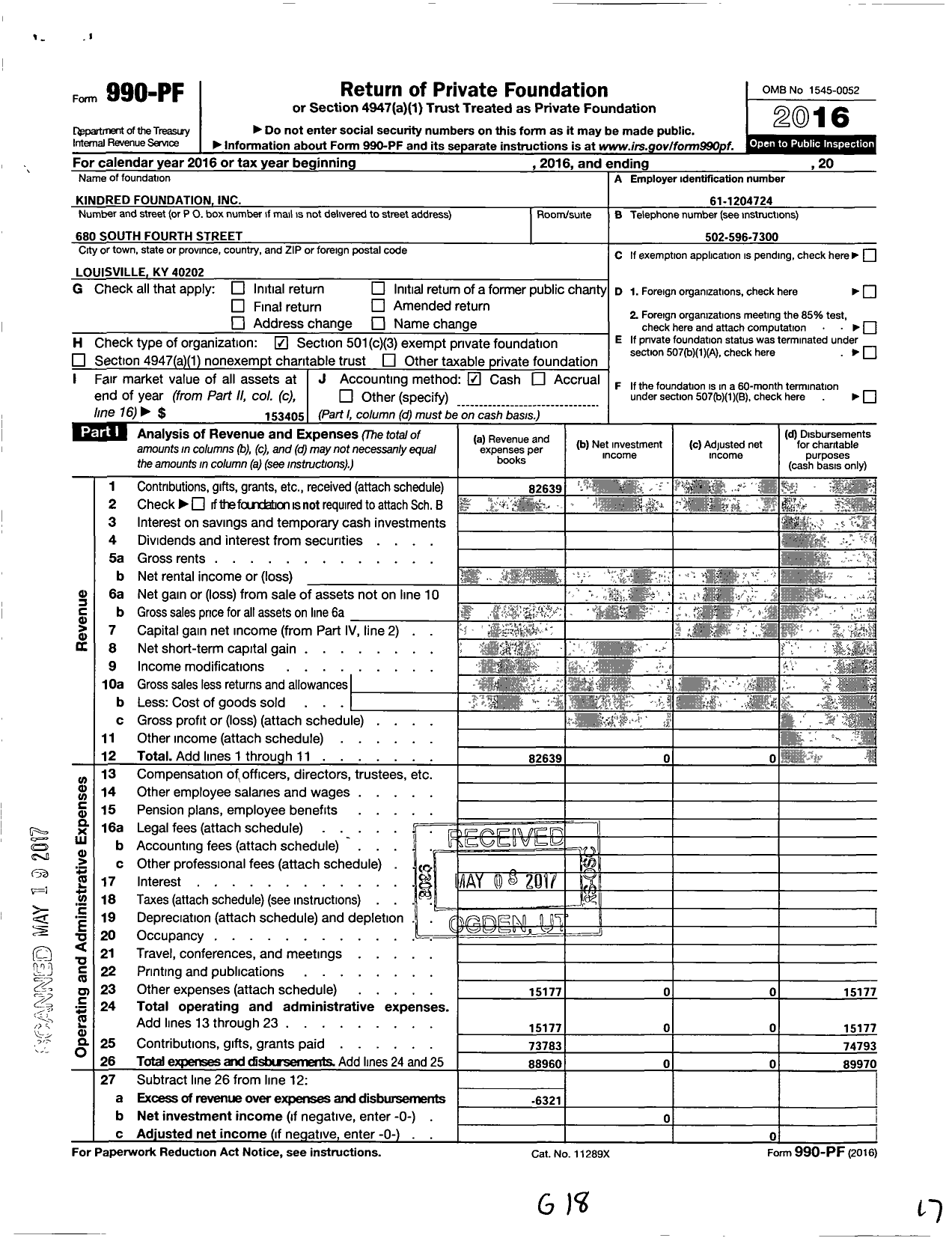 Image of first page of 2016 Form 990PF for Kindred Foundation