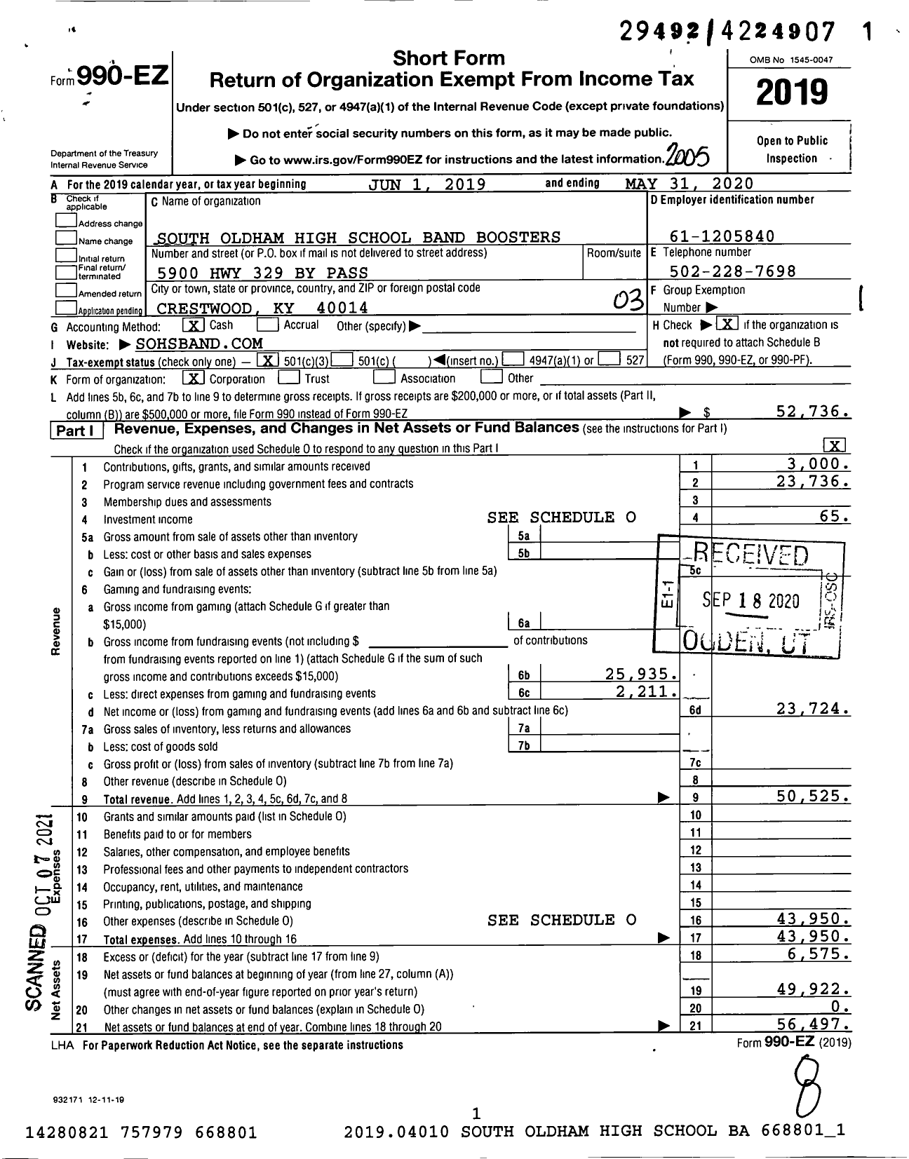 Image of first page of 2019 Form 990EZ for South Oldham High School Band Boosters