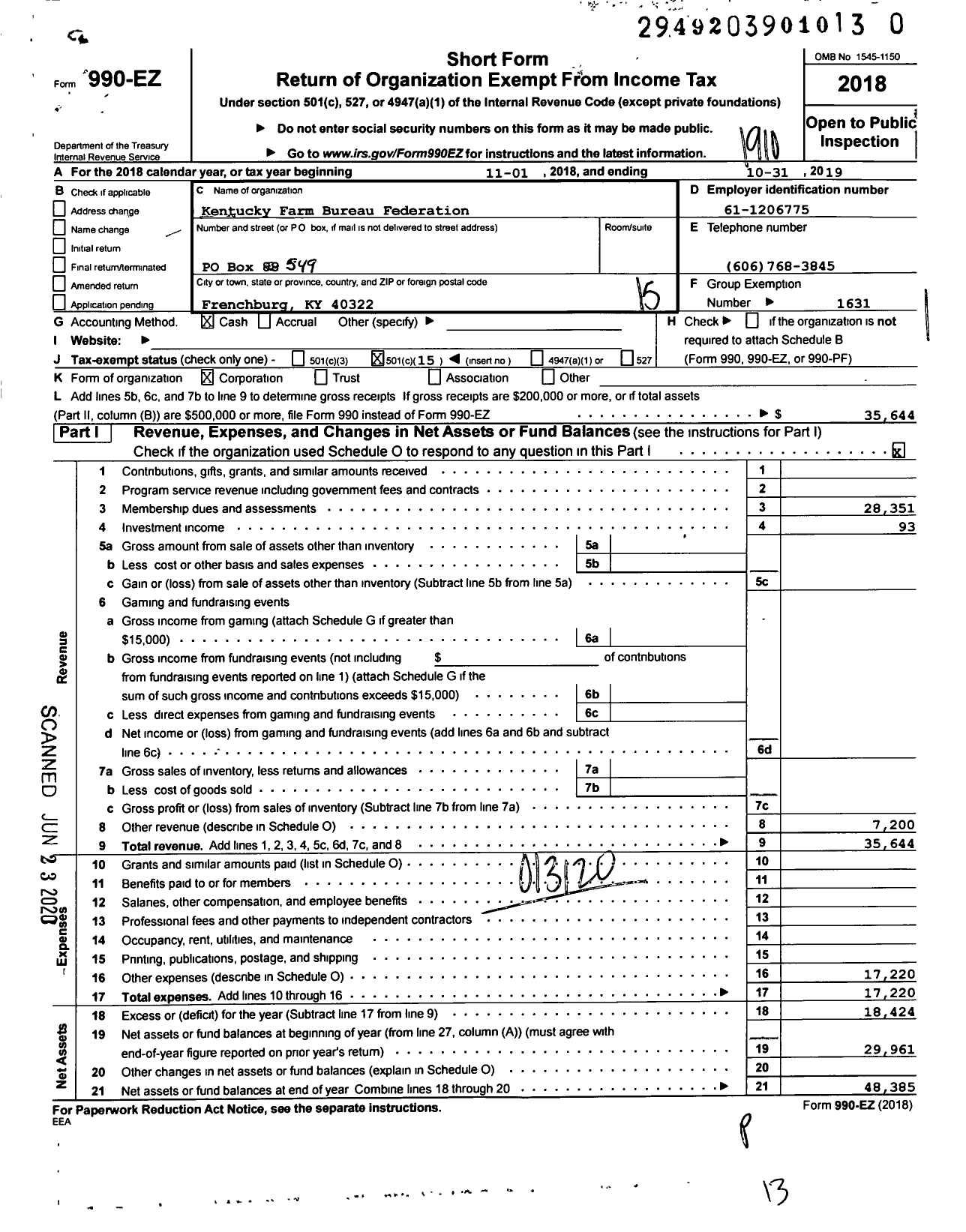 Image of first page of 2018 Form 990EO for Kentucky Farm Bureau Federation - Menifee County Farm Bureau