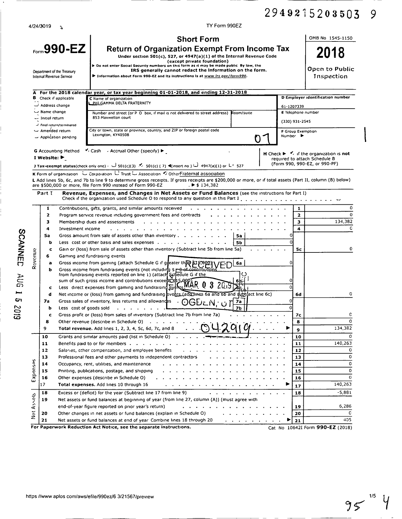 Image of first page of 2018 Form 990EO for Phi Gamma Delta Fraternity