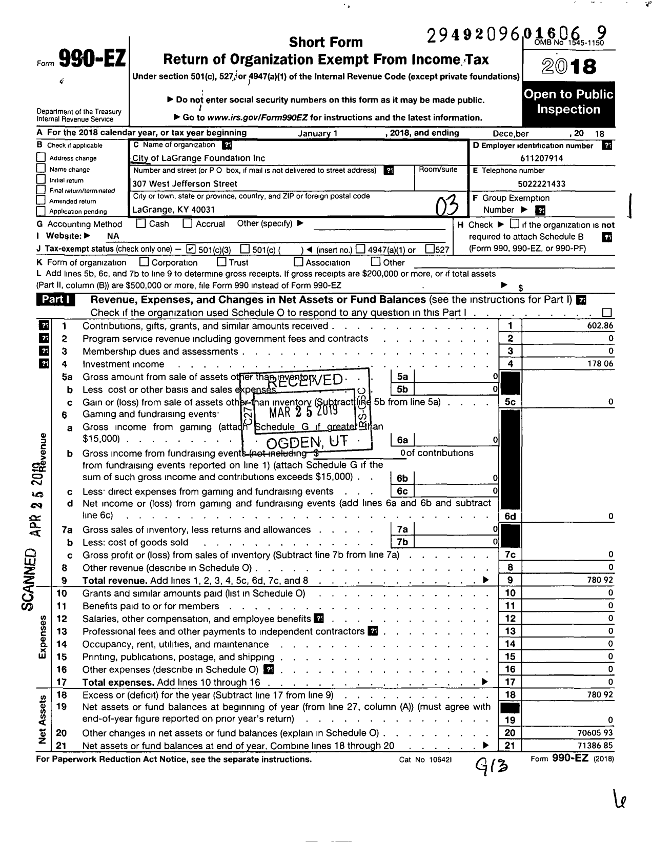 Image of first page of 2018 Form 990EZ for City of La Grange Foundation