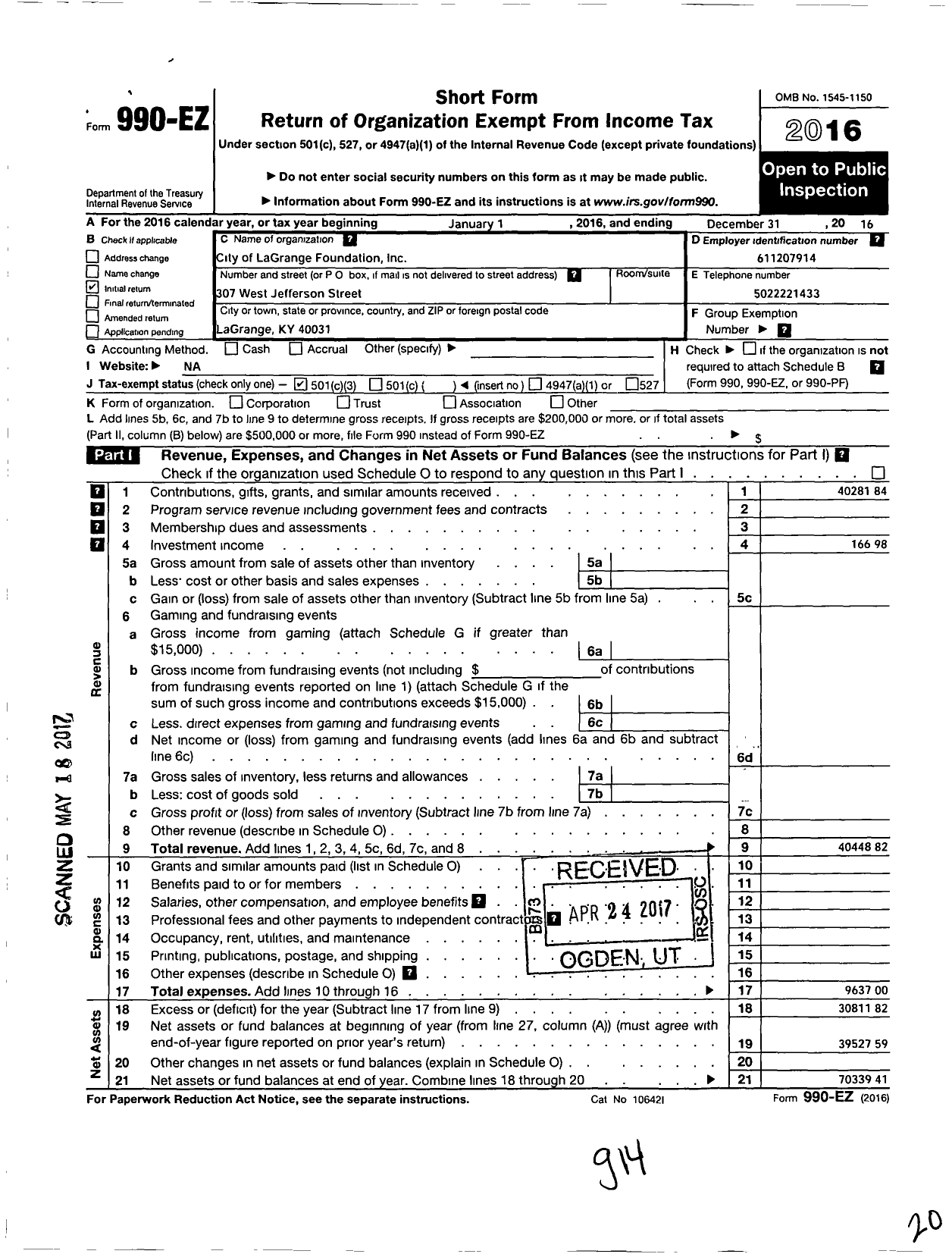 Image of first page of 2016 Form 990EZ for City of La Grange Foundation