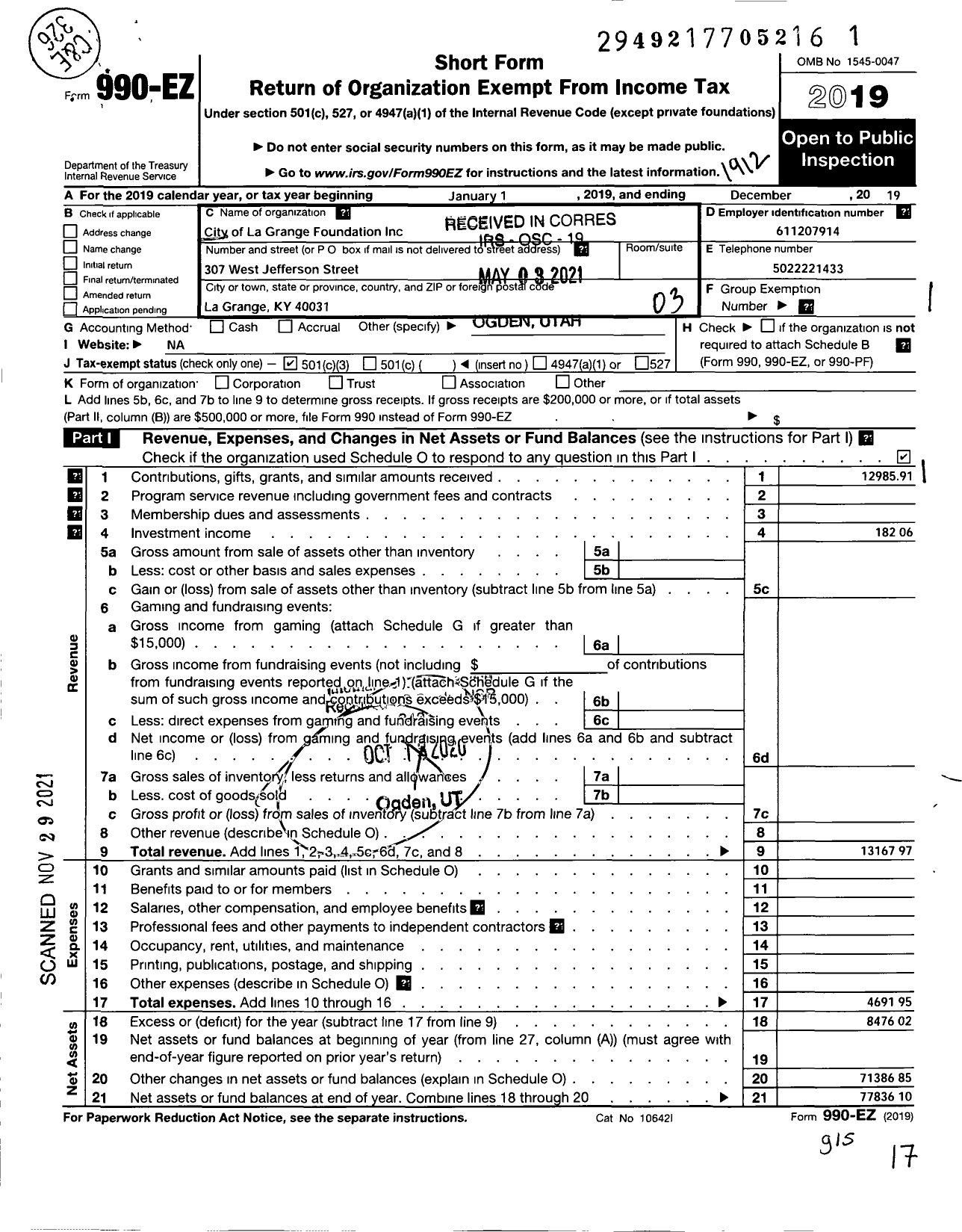 Image of first page of 2019 Form 990EZ for City of La Grange Foundation