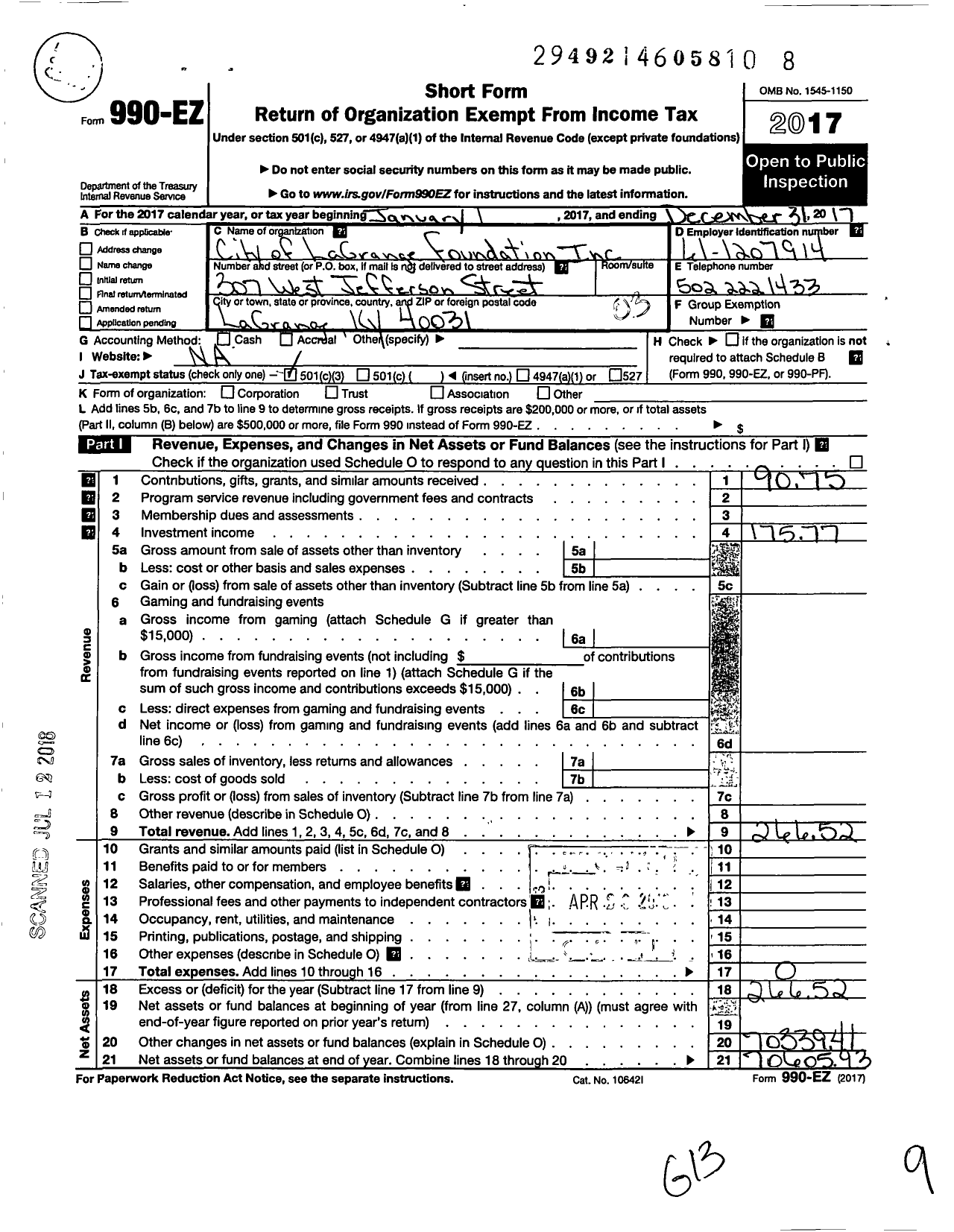 Image of first page of 2017 Form 990EZ for City of La Grange Foundation