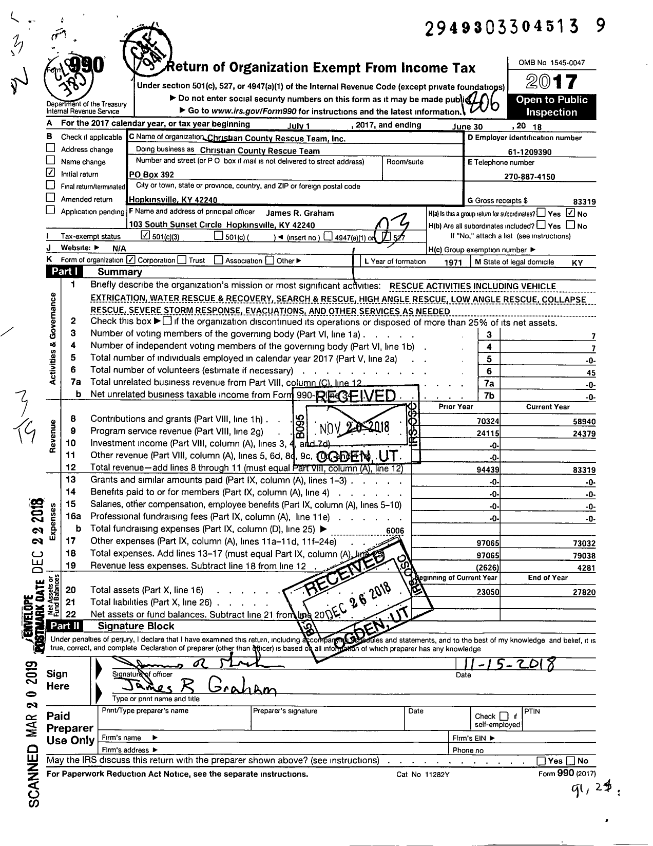 Image of first page of 2017 Form 990 for Christian County Rescue Team