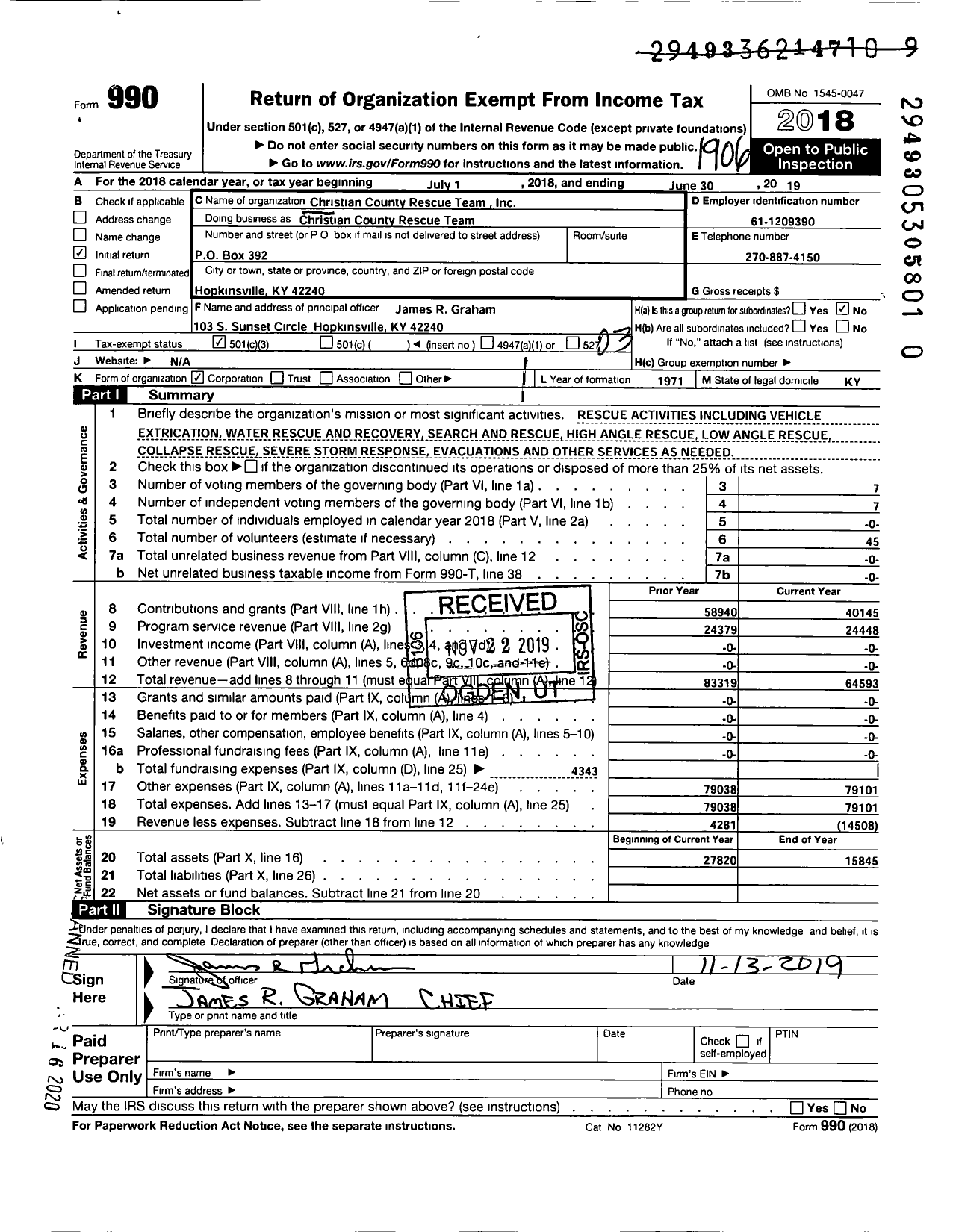 Image of first page of 2018 Form 990 for Christian County Rescue Team