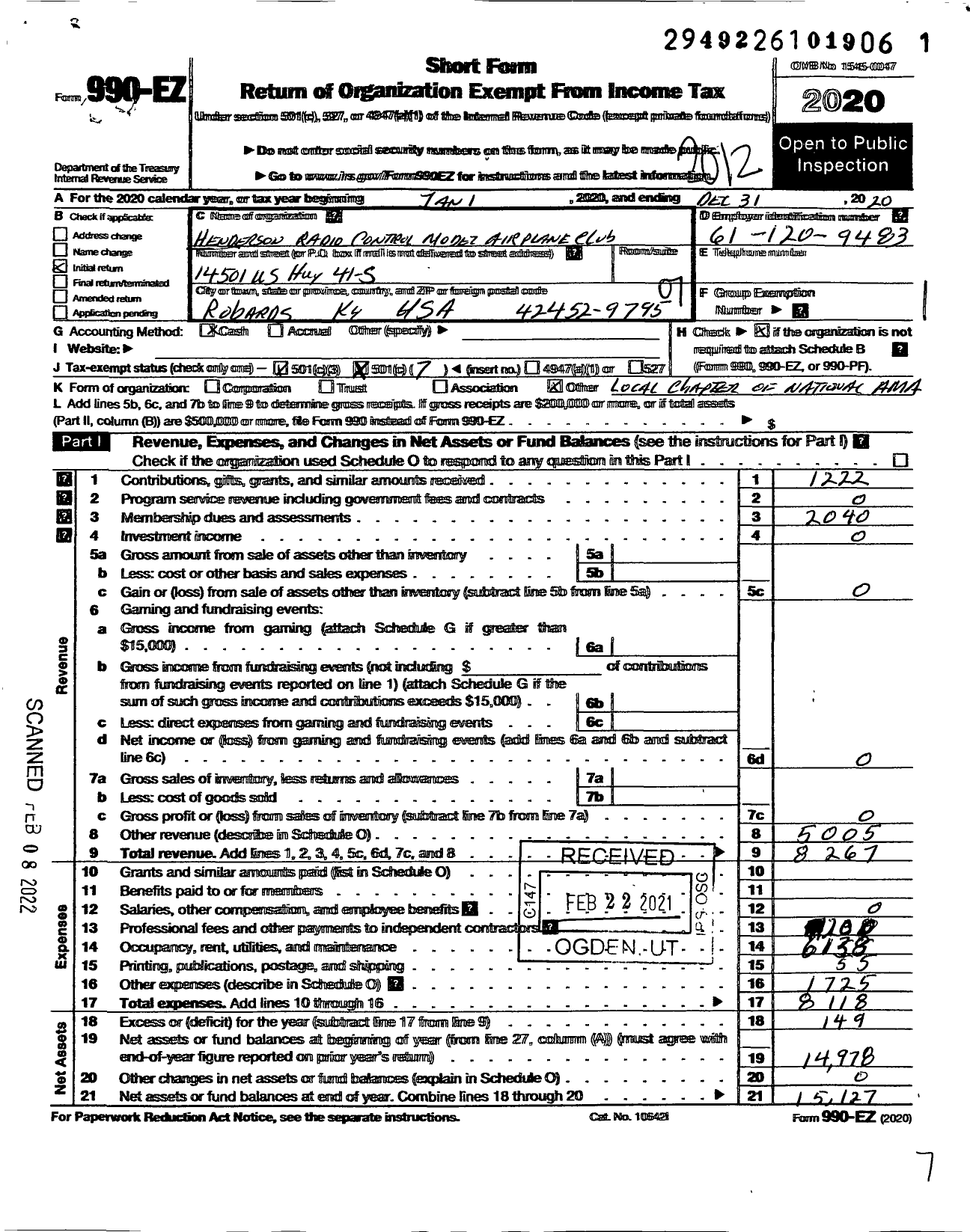 Image of first page of 2020 Form 990EO for Henderson Radio Control Model