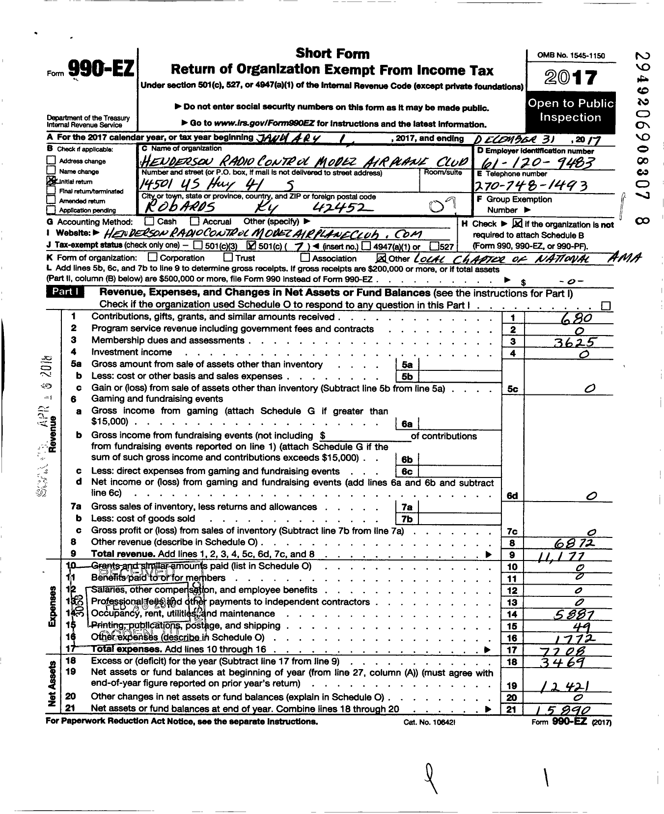 Image of first page of 2017 Form 990EO for Henderson Radio Control Model