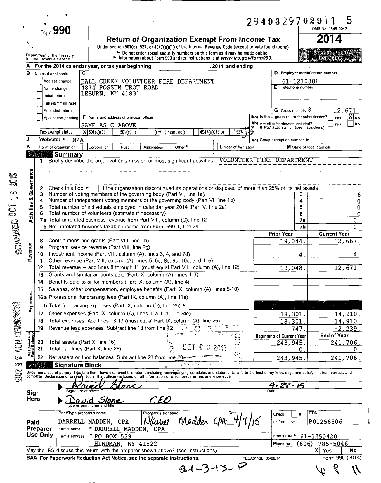 Image of first page of 2014 Form 990 for Ball Creek Volunteer Fire Department