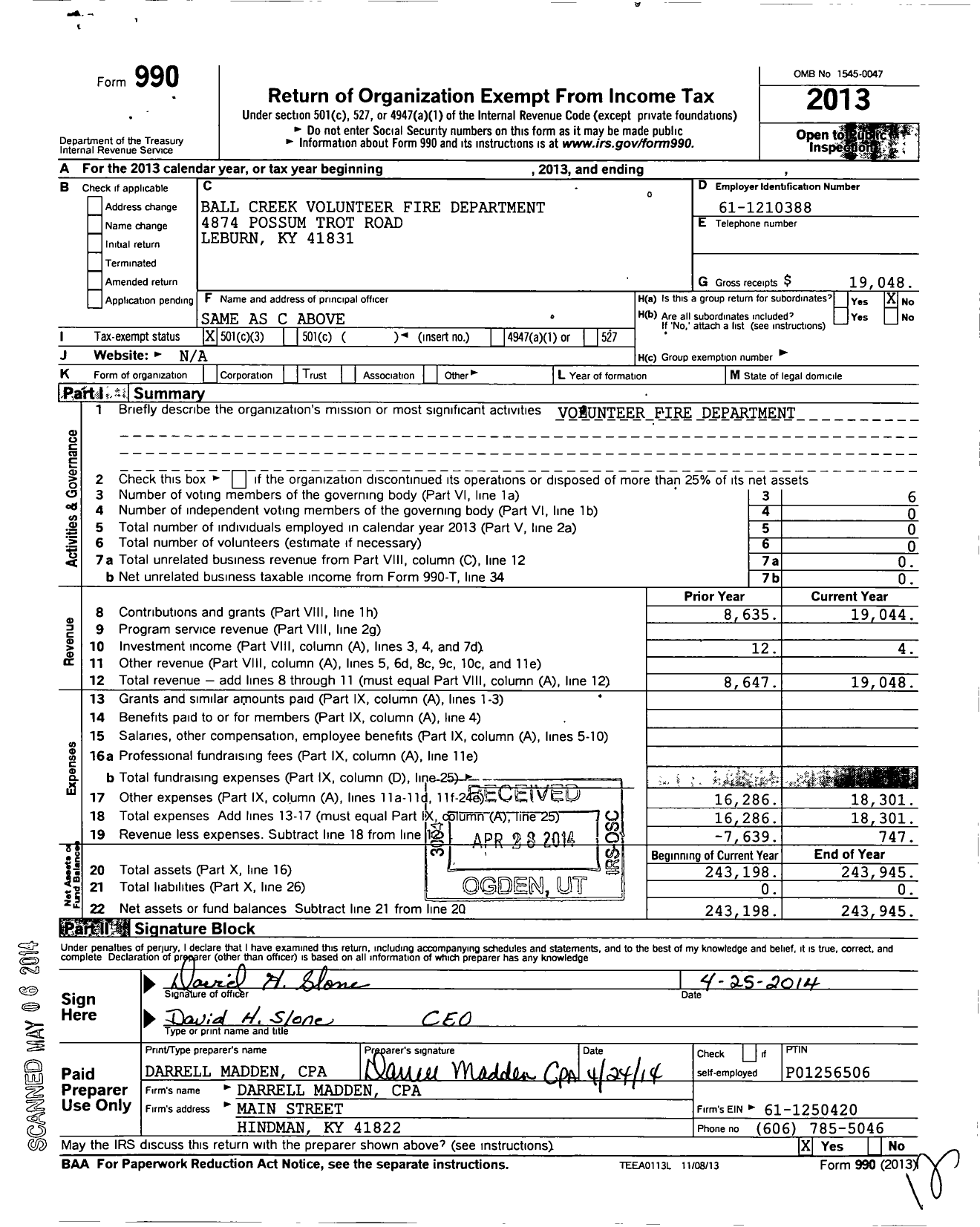 Image of first page of 2013 Form 990 for Ball Creek Volunteer Fire Department