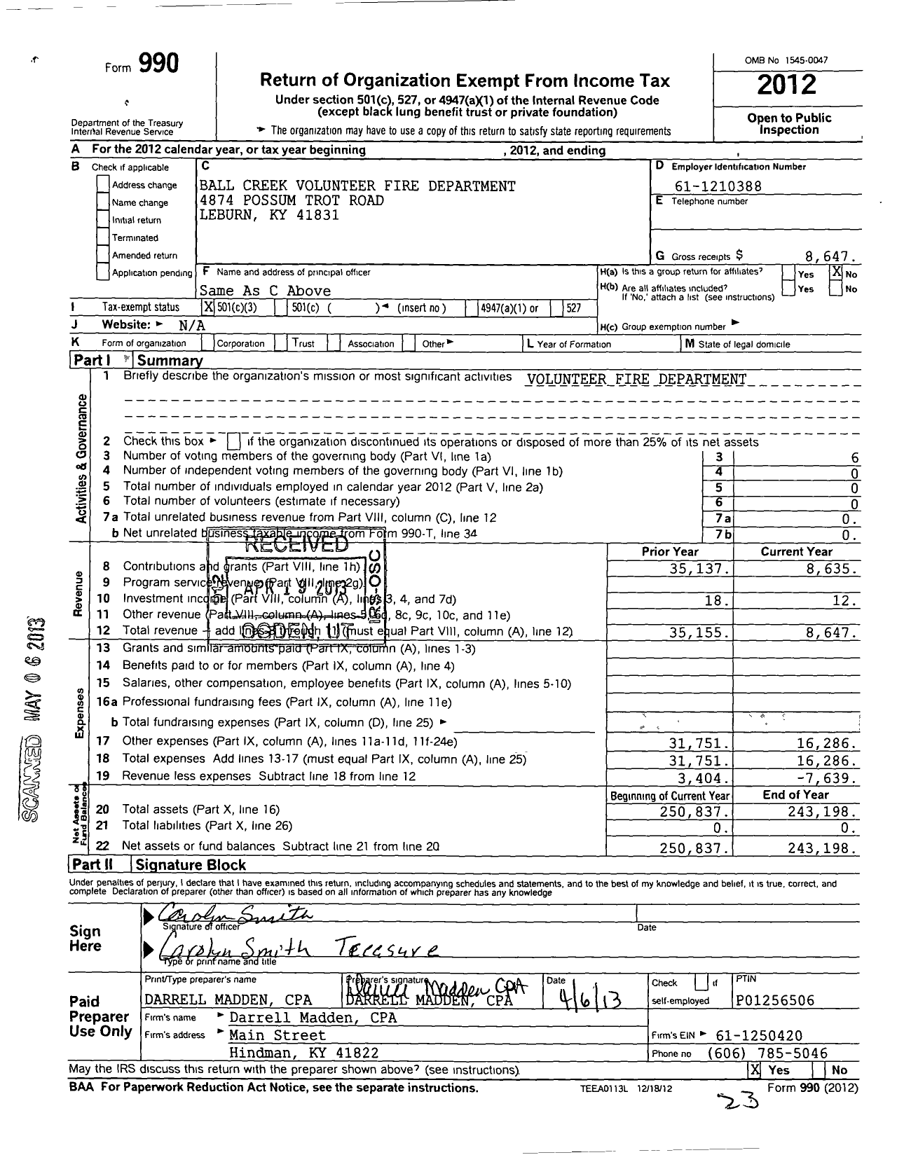 Image of first page of 2012 Form 990 for Ball Creek Volunteer Fire Department