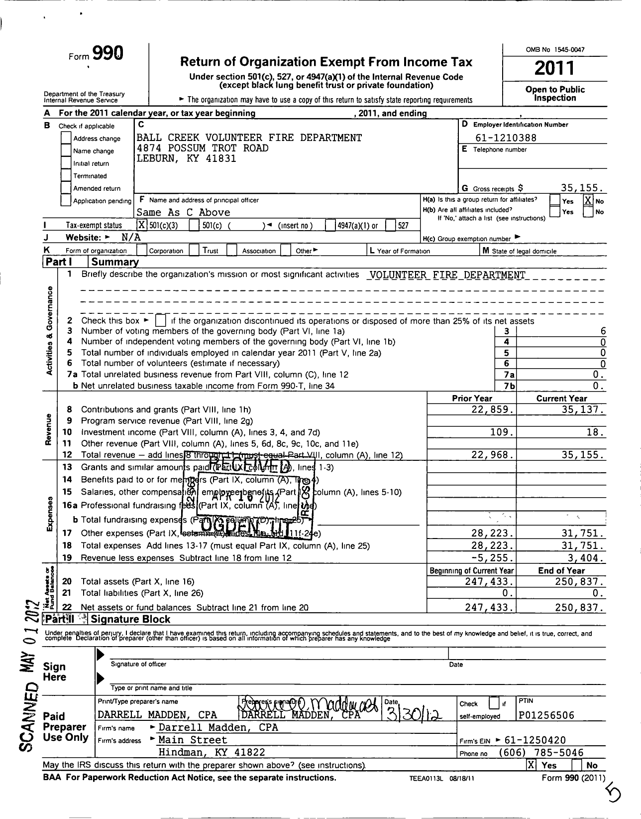 Image of first page of 2011 Form 990 for Ball Creek Volunteer Fire Department